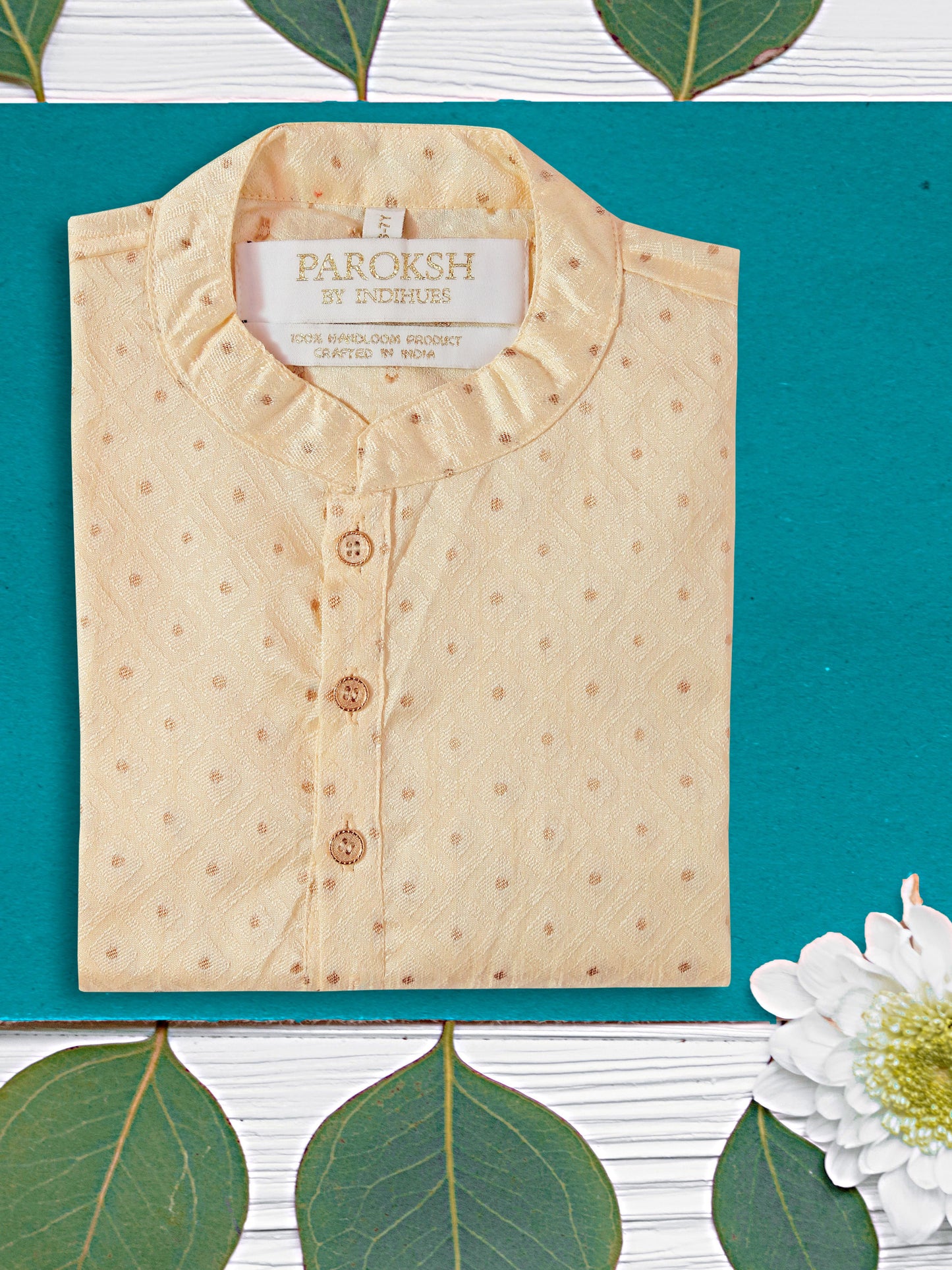 PAROKSH Boys Cream Handloom Cotton Printed Straight Kurta