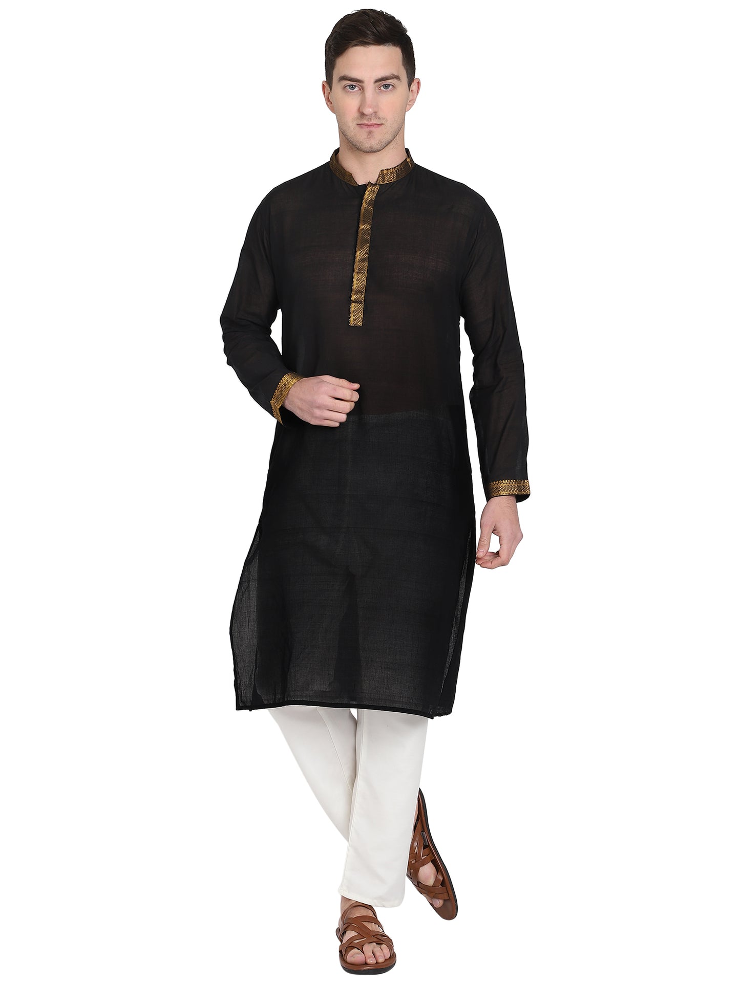 Paroksh Men's Black Self Design Pure Cotton Straight Kurta