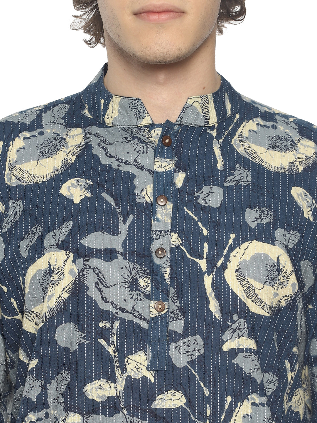 PAROKSH Men Blue Abstract Printed Thread Work Straight Long Cotton Kurta