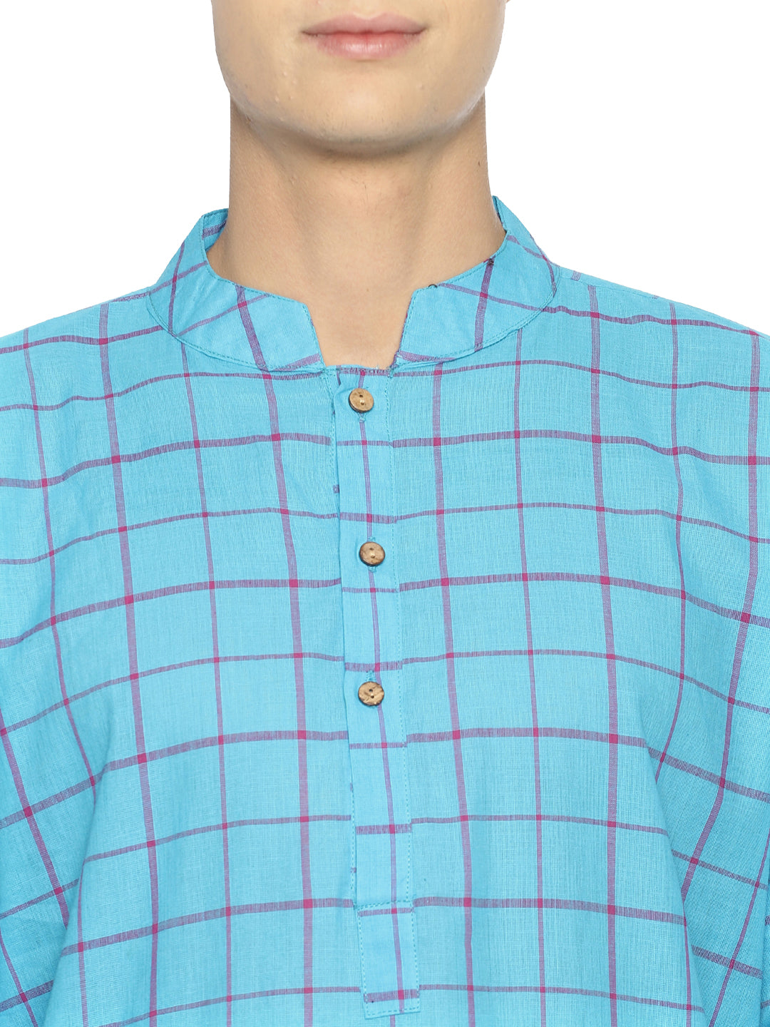 PAROKSH Men Blue Checked Cotton Straight Kurta