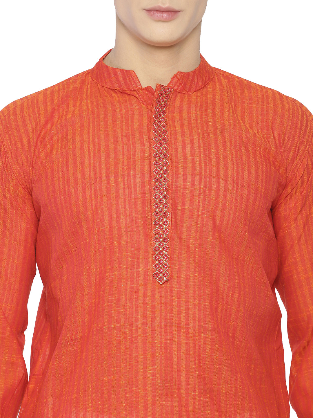 PAROKSH Men Red Striped Long Sleeves Cotton Straight Kurta