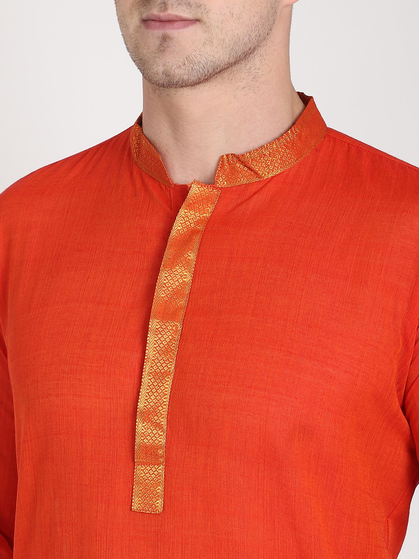 PAROKSH Men's Orange Self Design Pure Cotton Straight Kurta