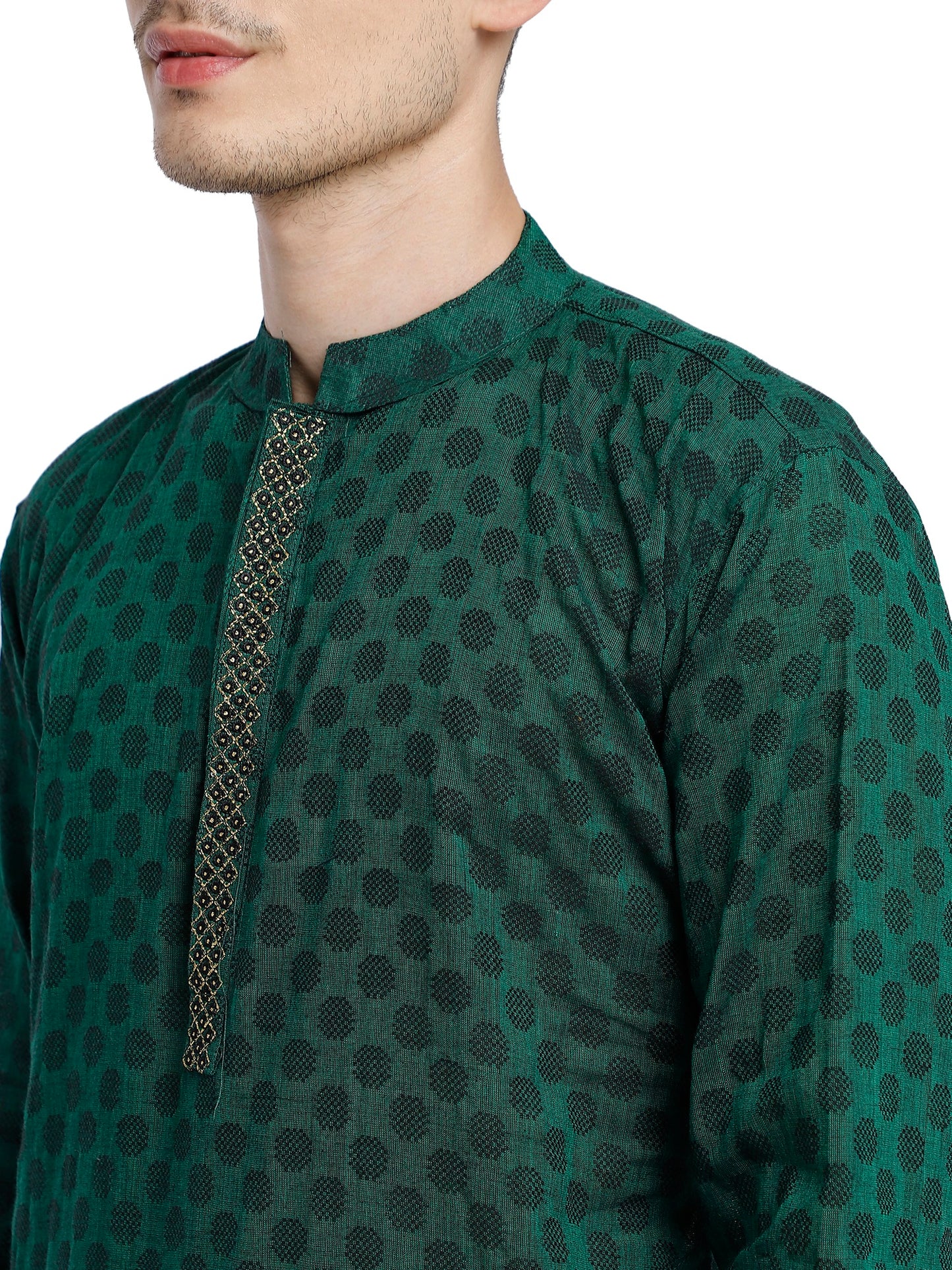 PAROKSH Men Green & Black Woven Design Cotton Thread Work Handloom Kurta