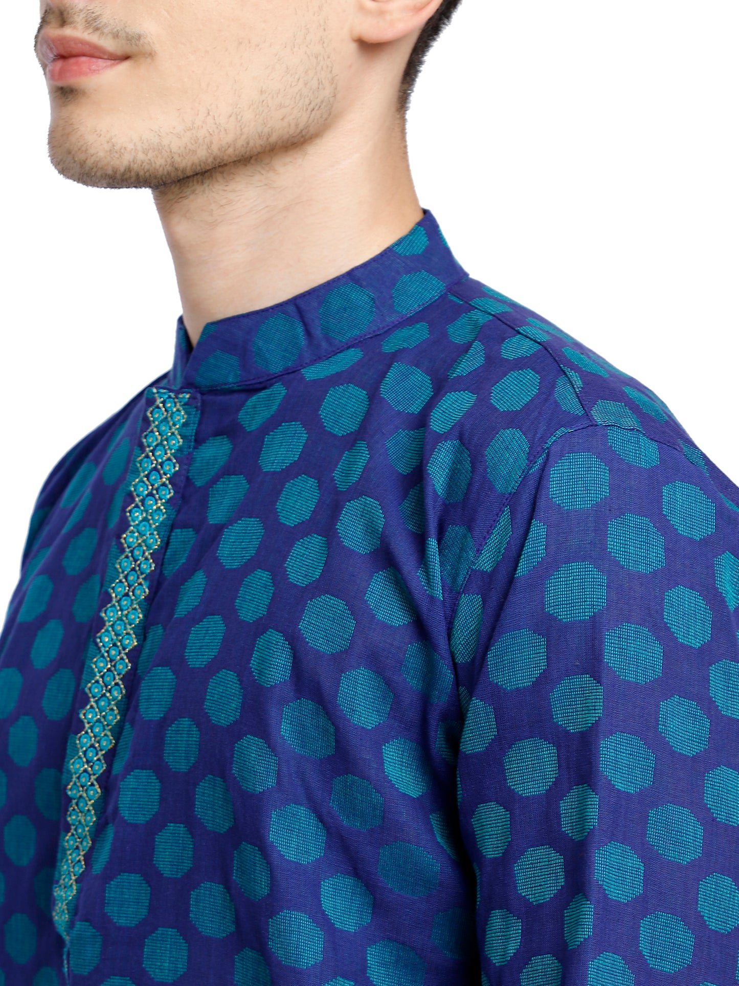 PAROKSH Men Blue & Beige Woven Design Cotton Thread Work Handloom Kurta
