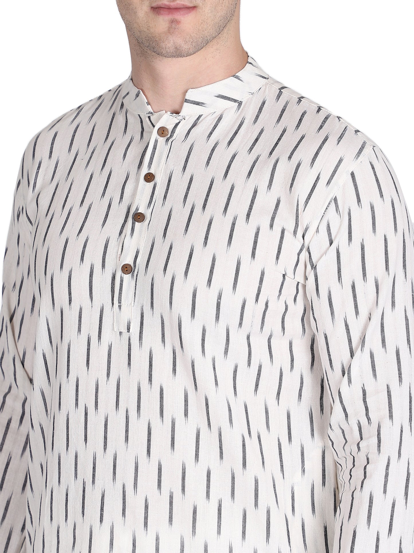 PAROKSH Men White & Grey Ikat Woven Design Straight Kurta