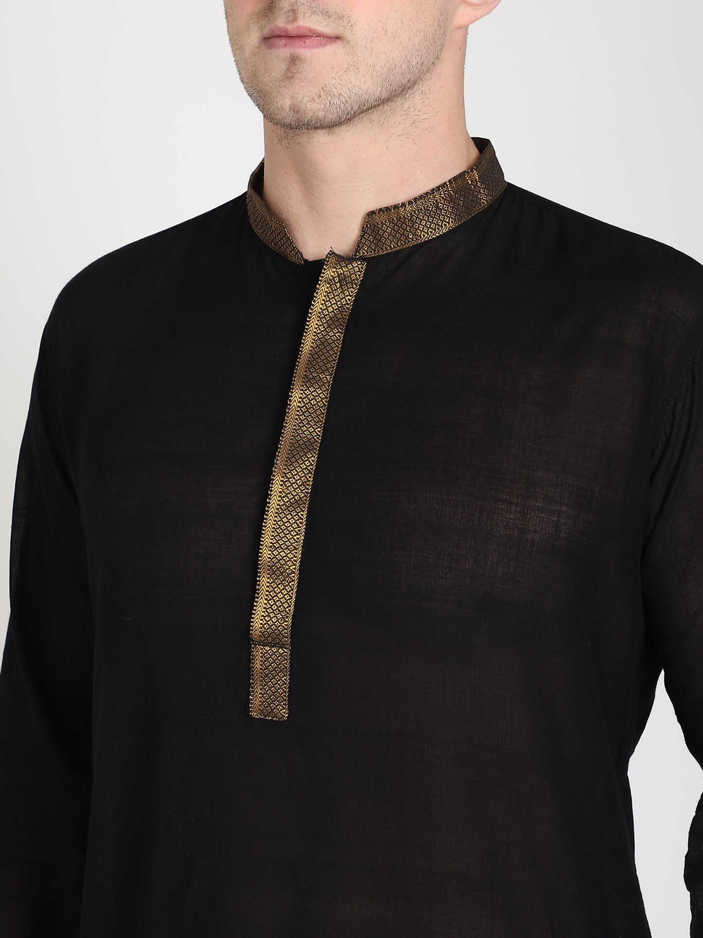 Paroksh Men's Black Self Design Pure Cotton Straight Kurta