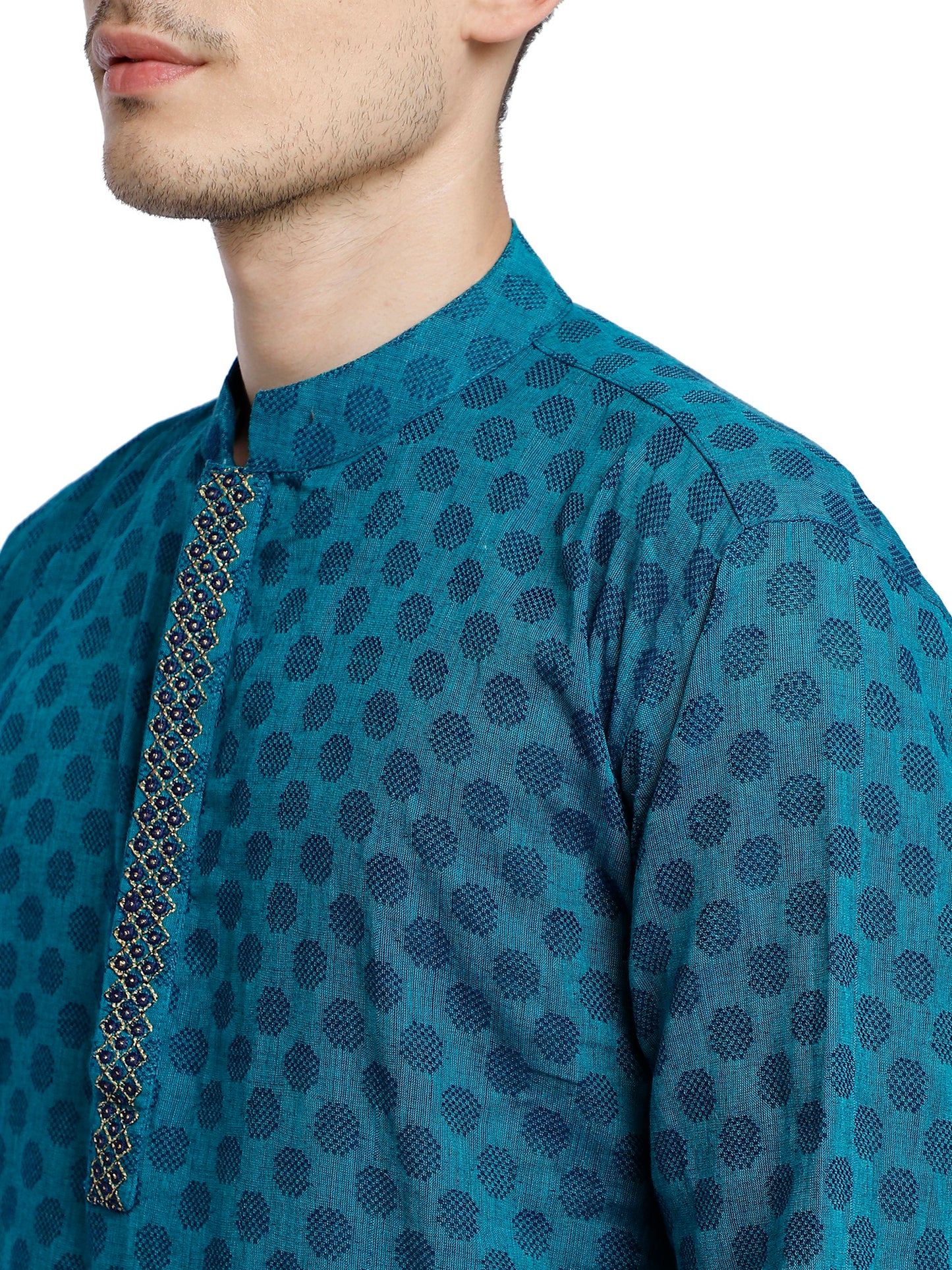 PAROKSH Men Sea Green & Beige Woven Design Cotton Thread Work Handloom Kurta