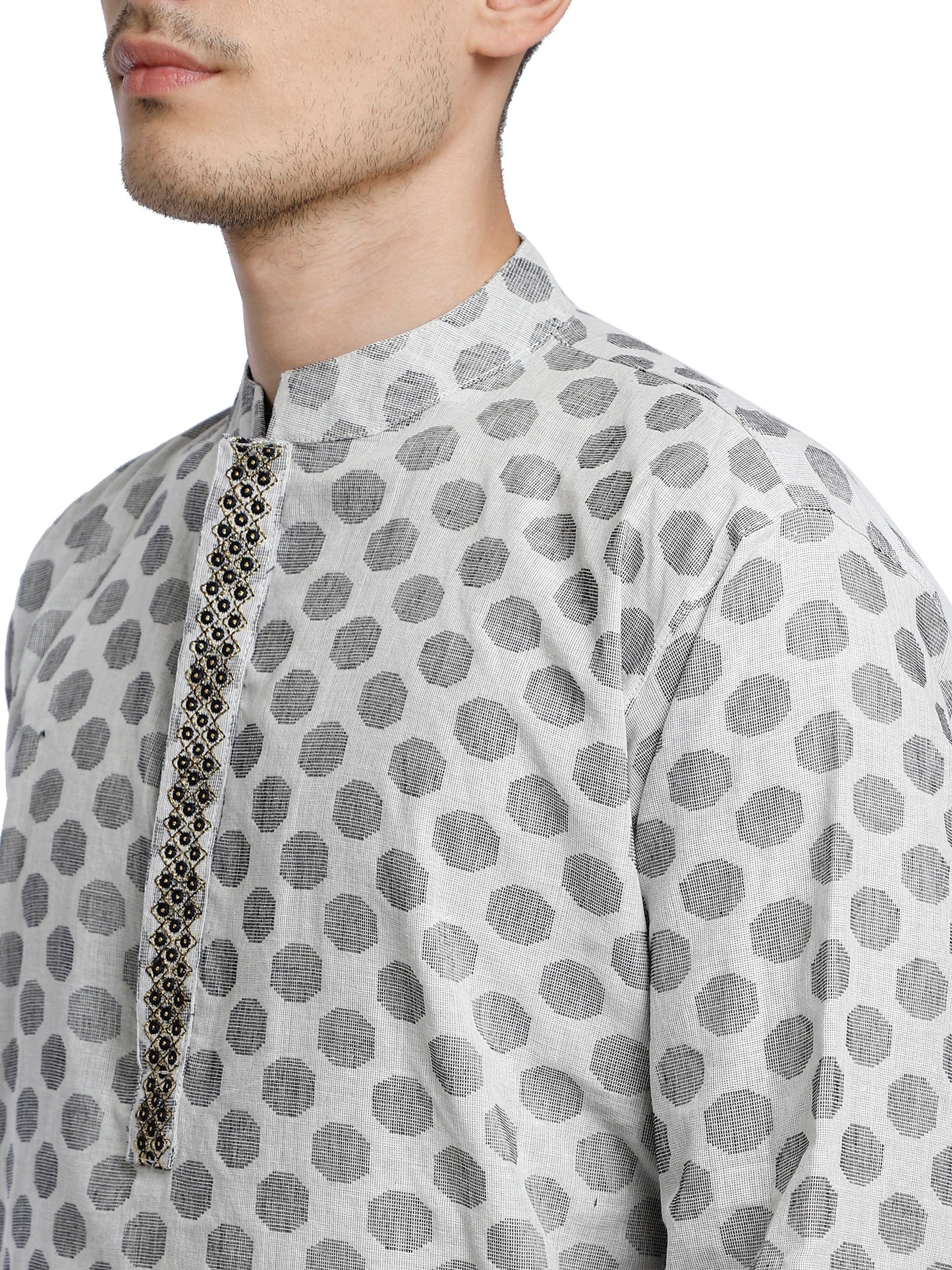 PAROKSH Men White & Beige Woven Design Cotton Thread Work Handloom Kurta