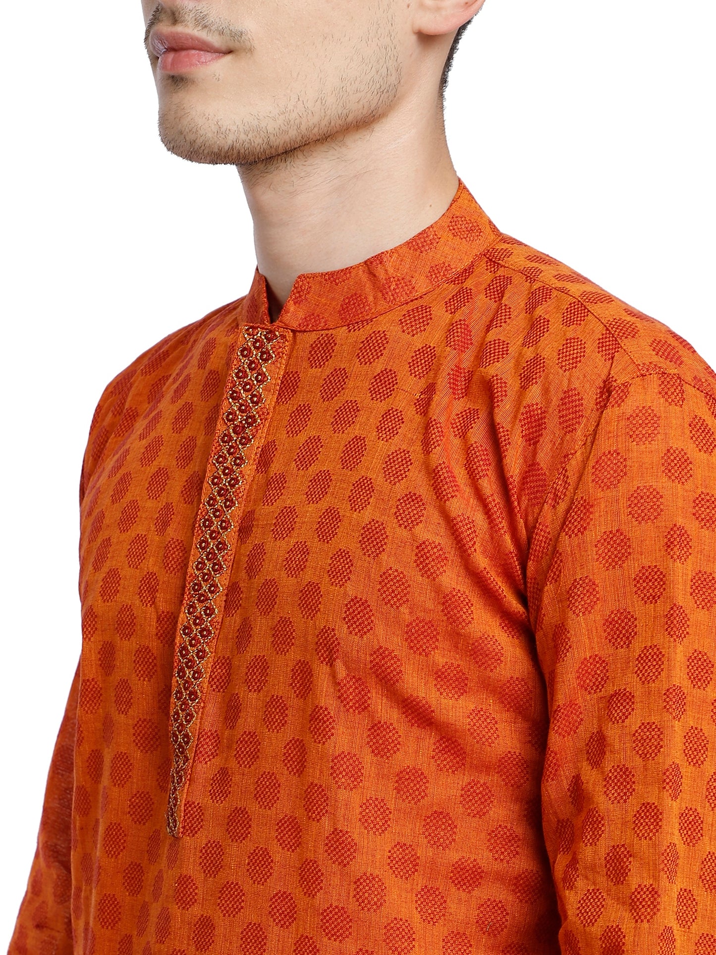 PAROKSH Men Orange & Beige Woven Design Cotton Thread Work Handloom Kurta