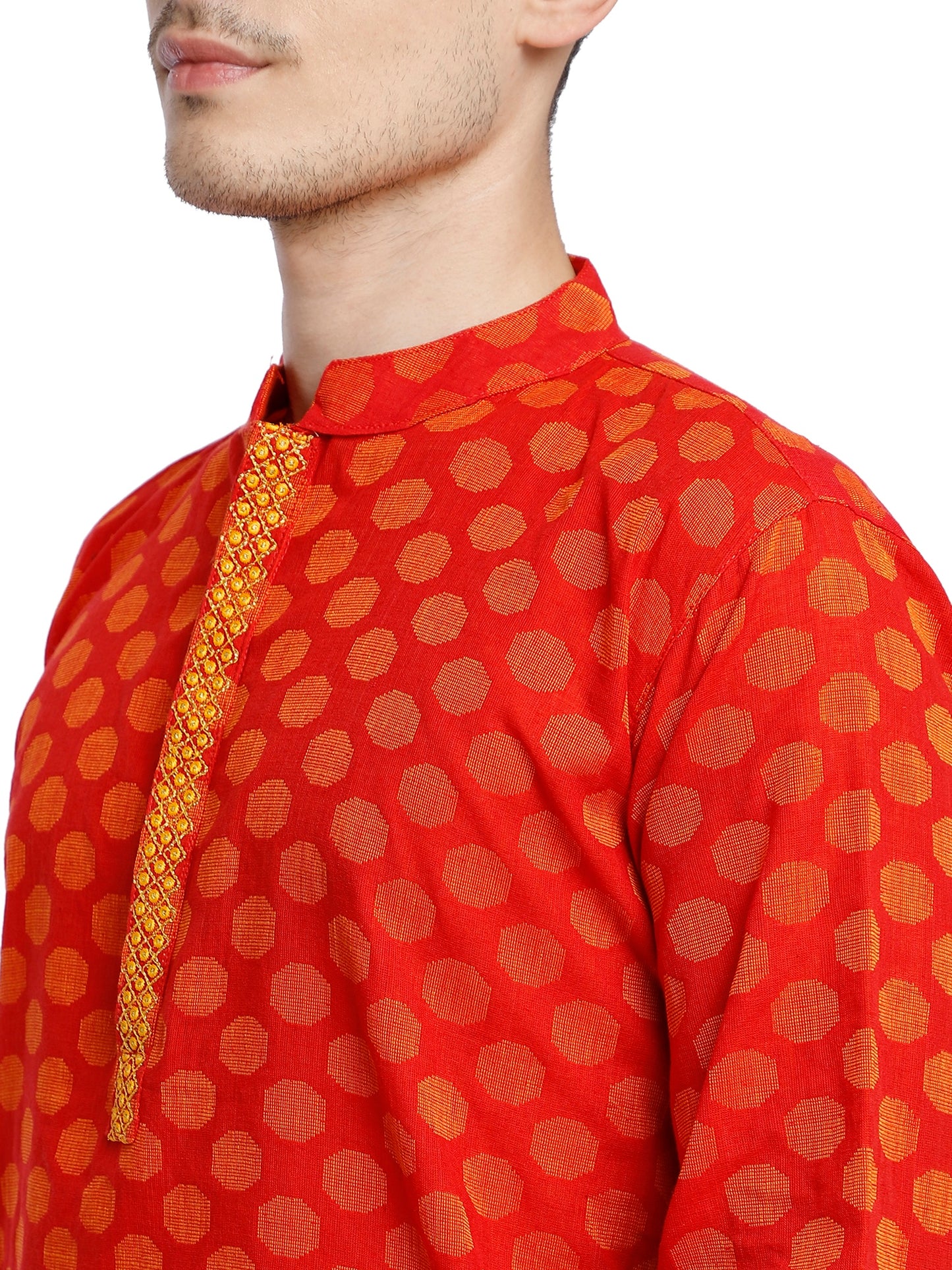 PAROKSH Men Pink & Beige Woven Design Cotton Thread Work Handloom Kurta