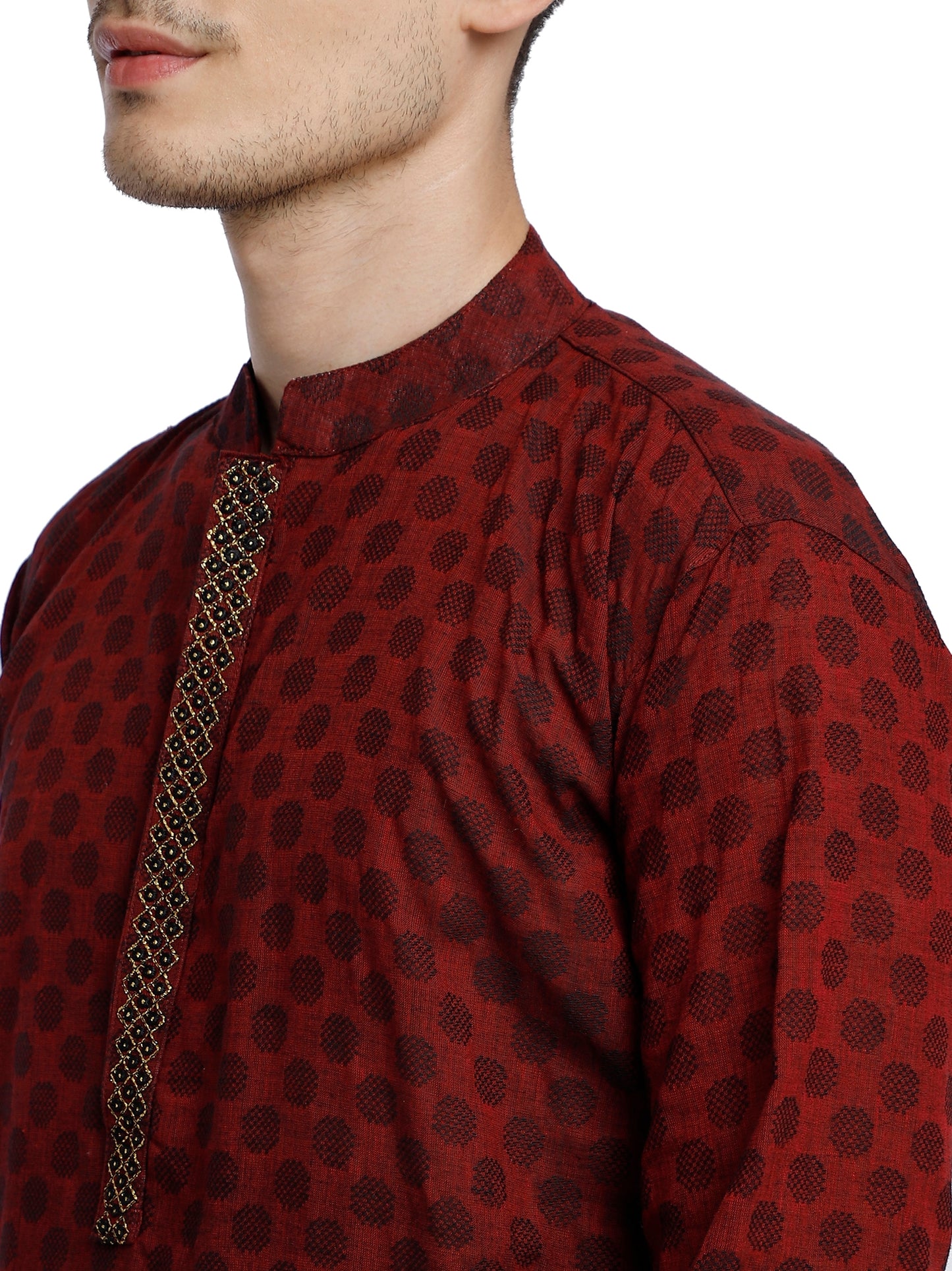 PAROKSH Men Maroon & Beige Woven Design Cotton Thread Work Handloom Kurta