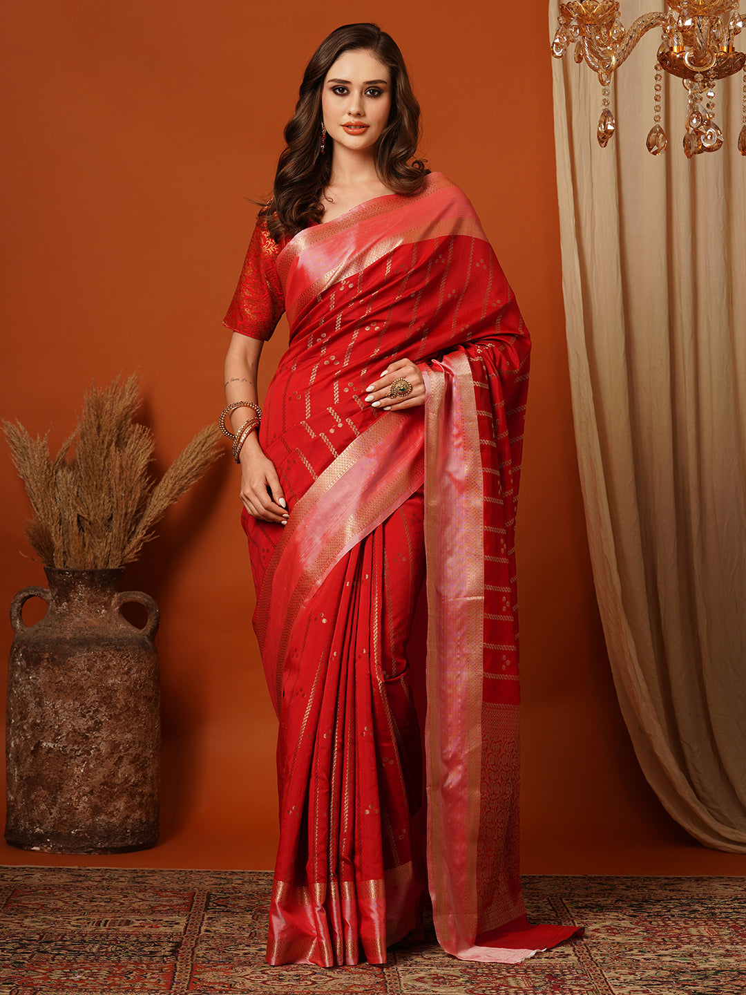 Women's Handloom red striped saree with Zari Border