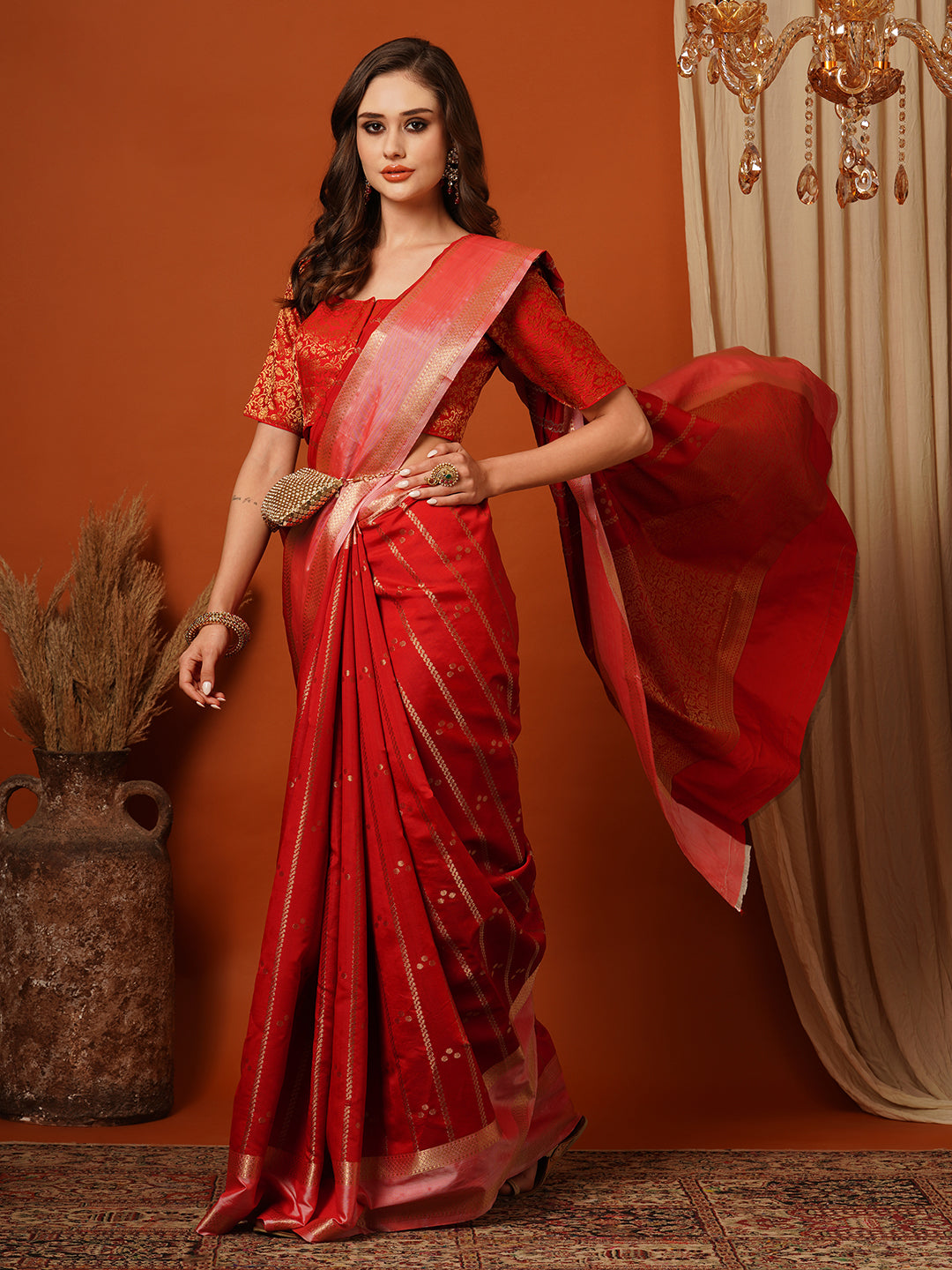 Women's Handloom red striped saree with Zari Border
