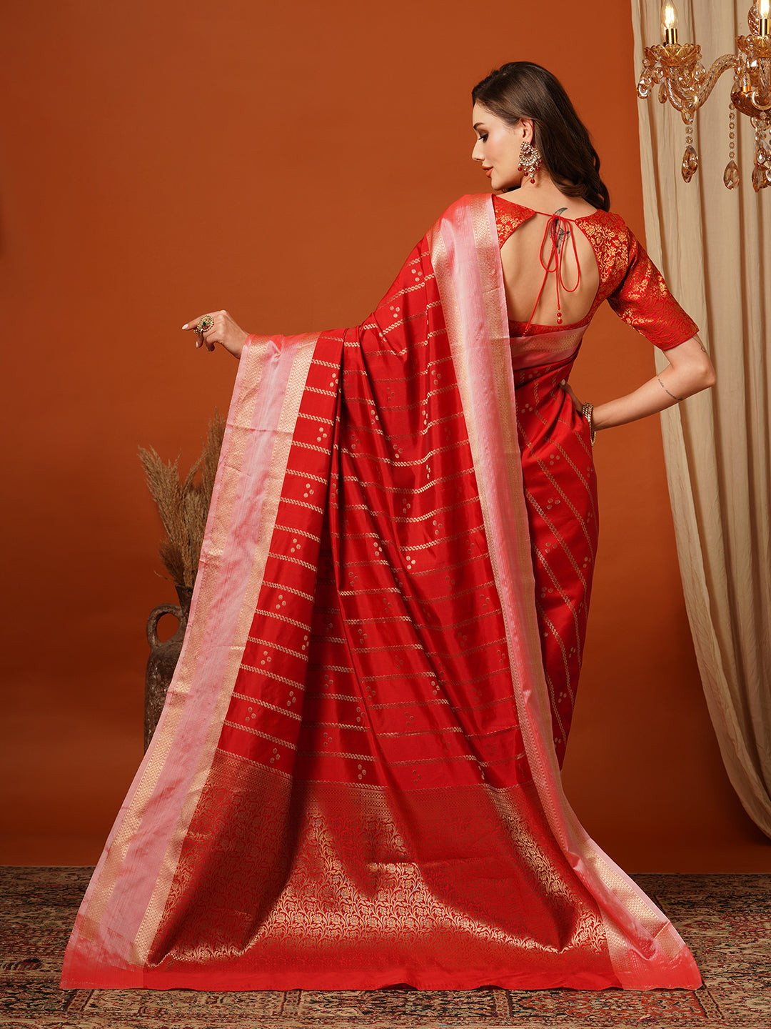 Women's Handloom red striped saree with Zari Border