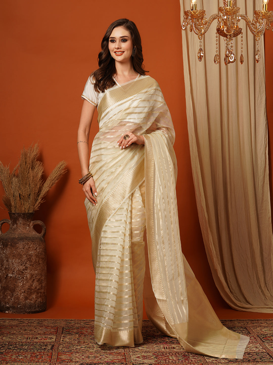 Women's Handloom white kasavu organza striped saree with Zari Border