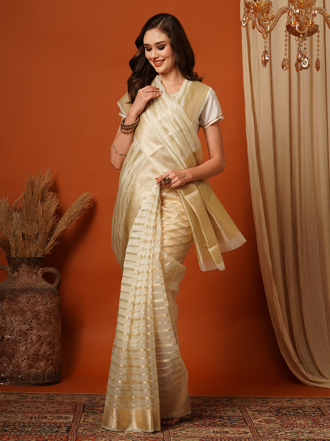 Women's Handloom white kasavu organza striped saree with Zari Border