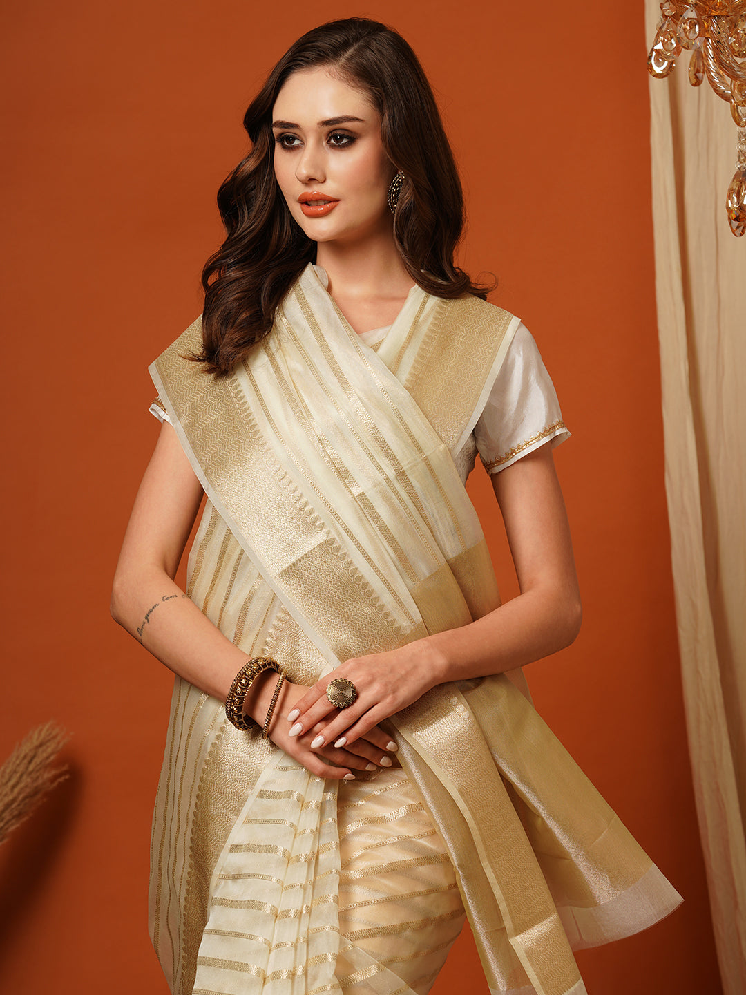 Women's Handloom white kasavu organza striped saree with Zari Border