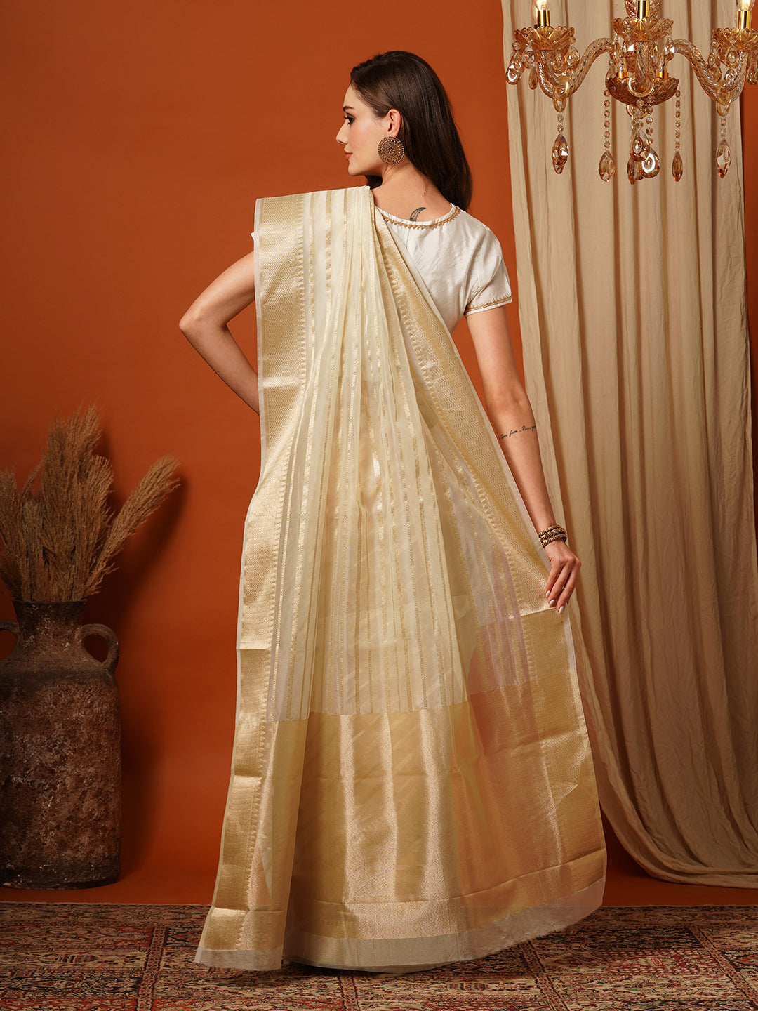 Women's Handloom white kasavu organza striped saree with Zari Border