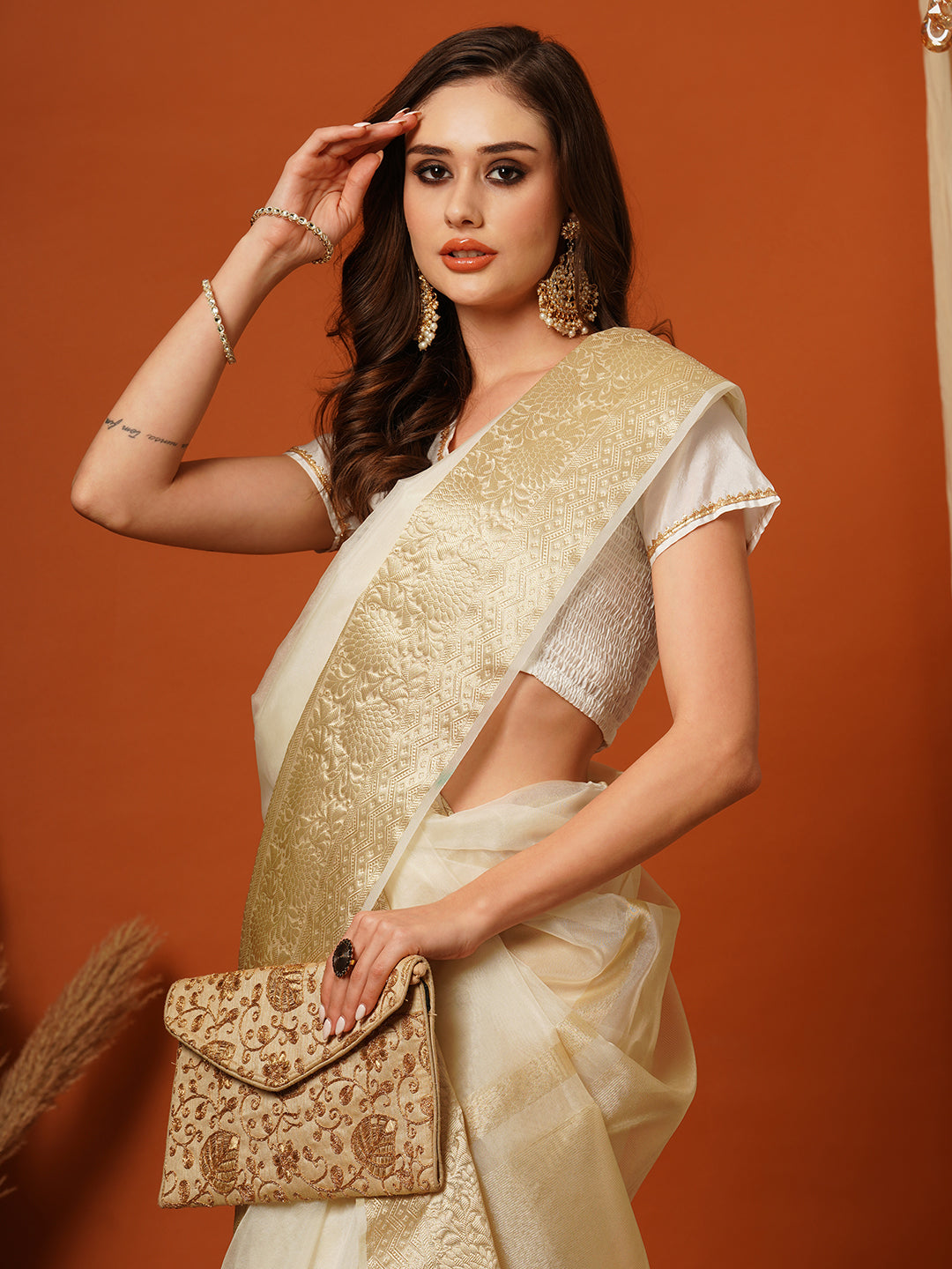 Women's Handloom white kasavu organza saree with Zari Border