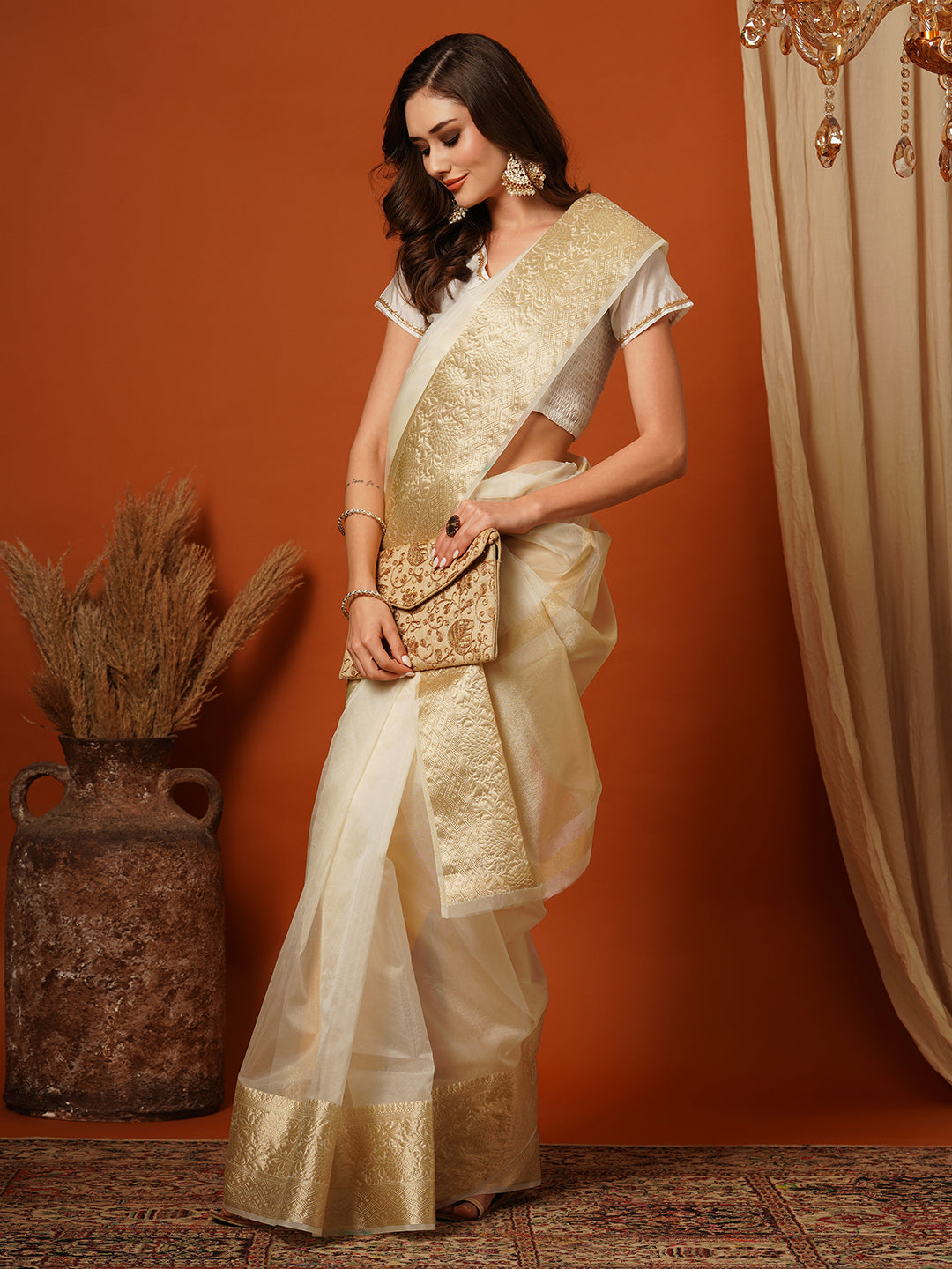 Women's Handloom white kasavu organza saree with Zari Border