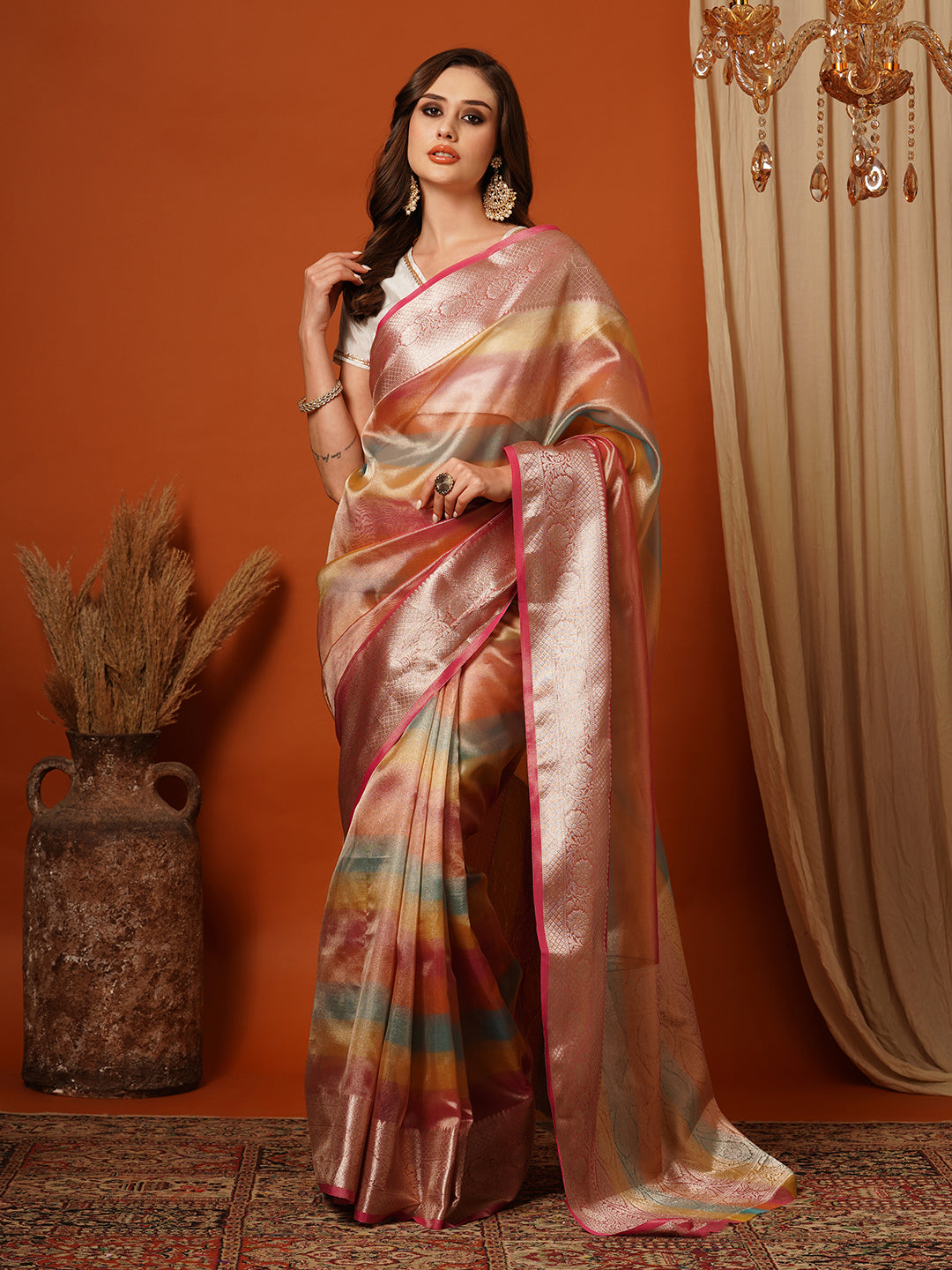 Women's Handloom Banarasi Pink rainbow tissue saree with Zari Border