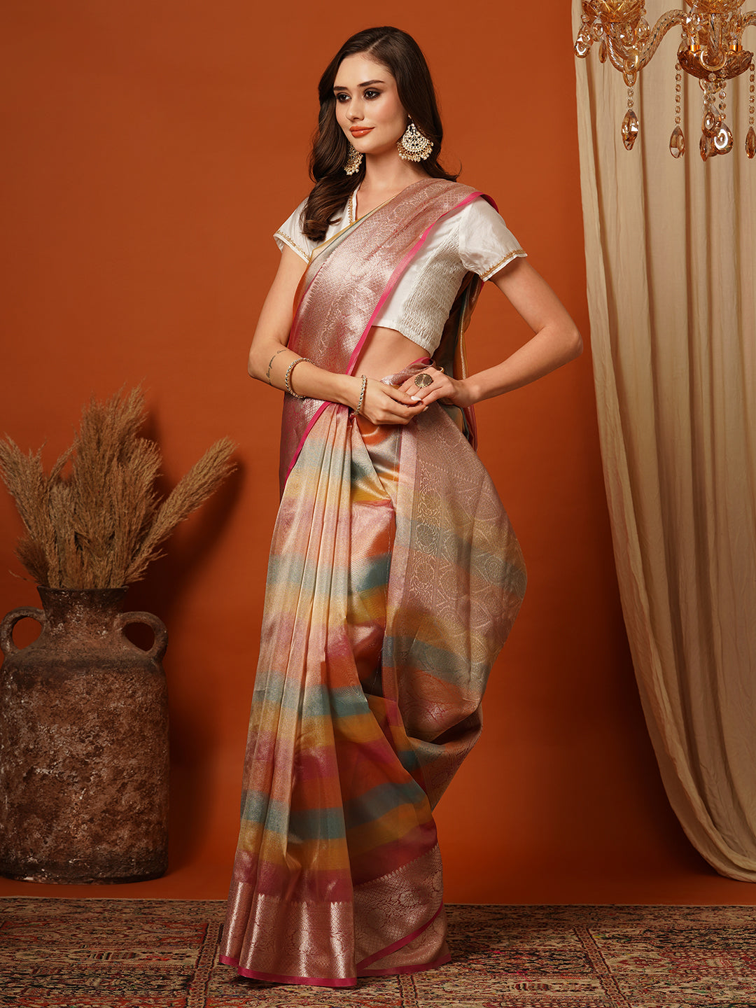 Women's Handloom Banarasi Pink rainbow tissue saree with Zari Border