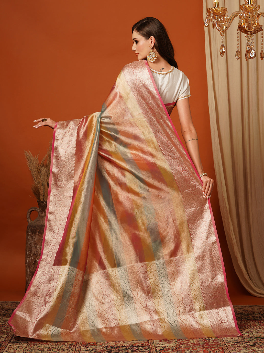 Women's Handloom Banarasi Pink rainbow tissue saree with Zari Border