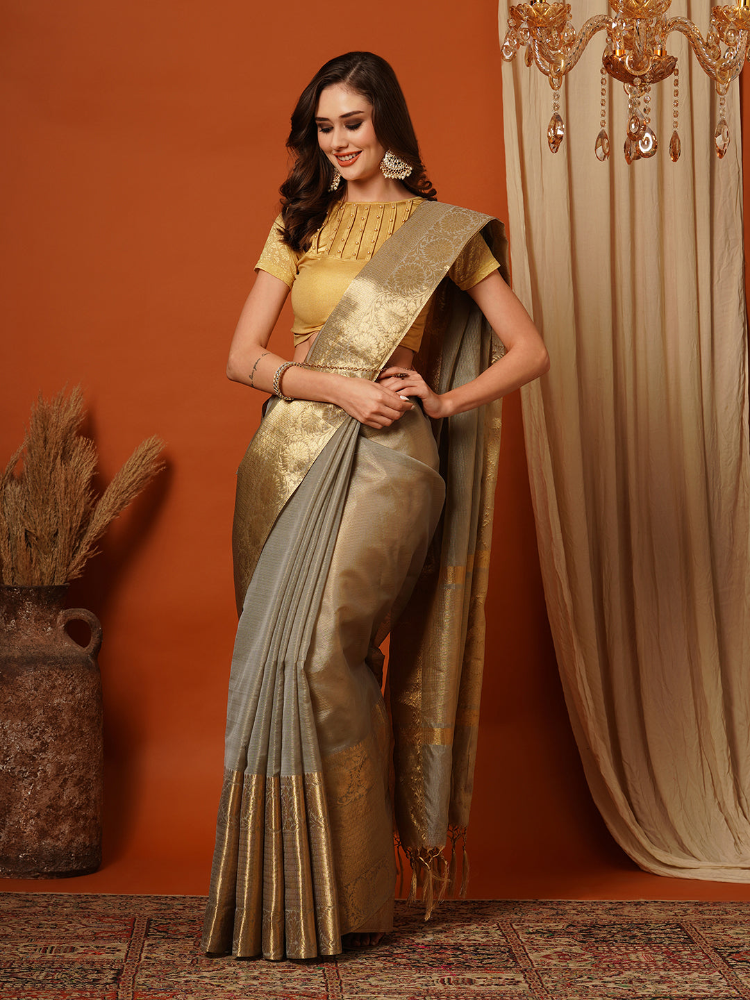 Women's Handloom Banarasi grey kota checkered tissue silk Saree With Zari Border