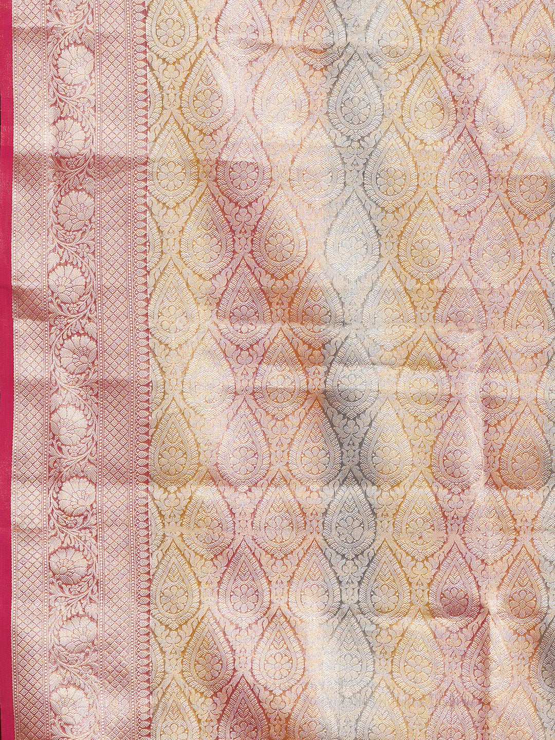 Women's Handloom Banarasi Pink rainbow tissue saree with Zari Border