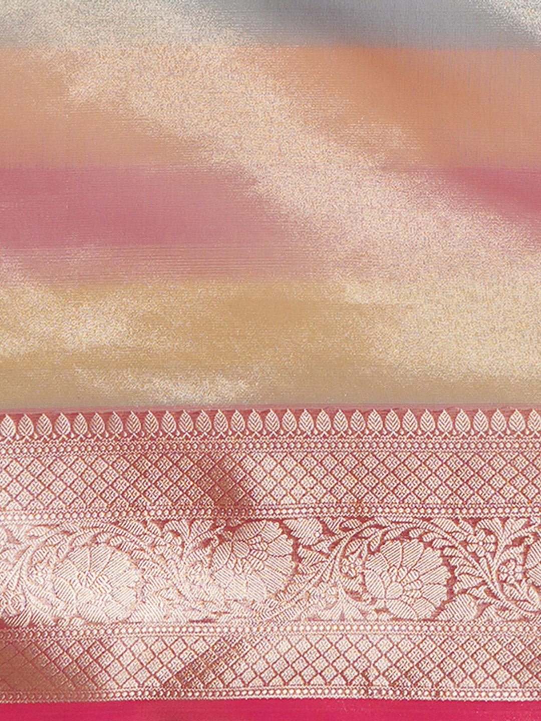 Women's Handloom Banarasi Pink rainbow tissue saree with Zari Border