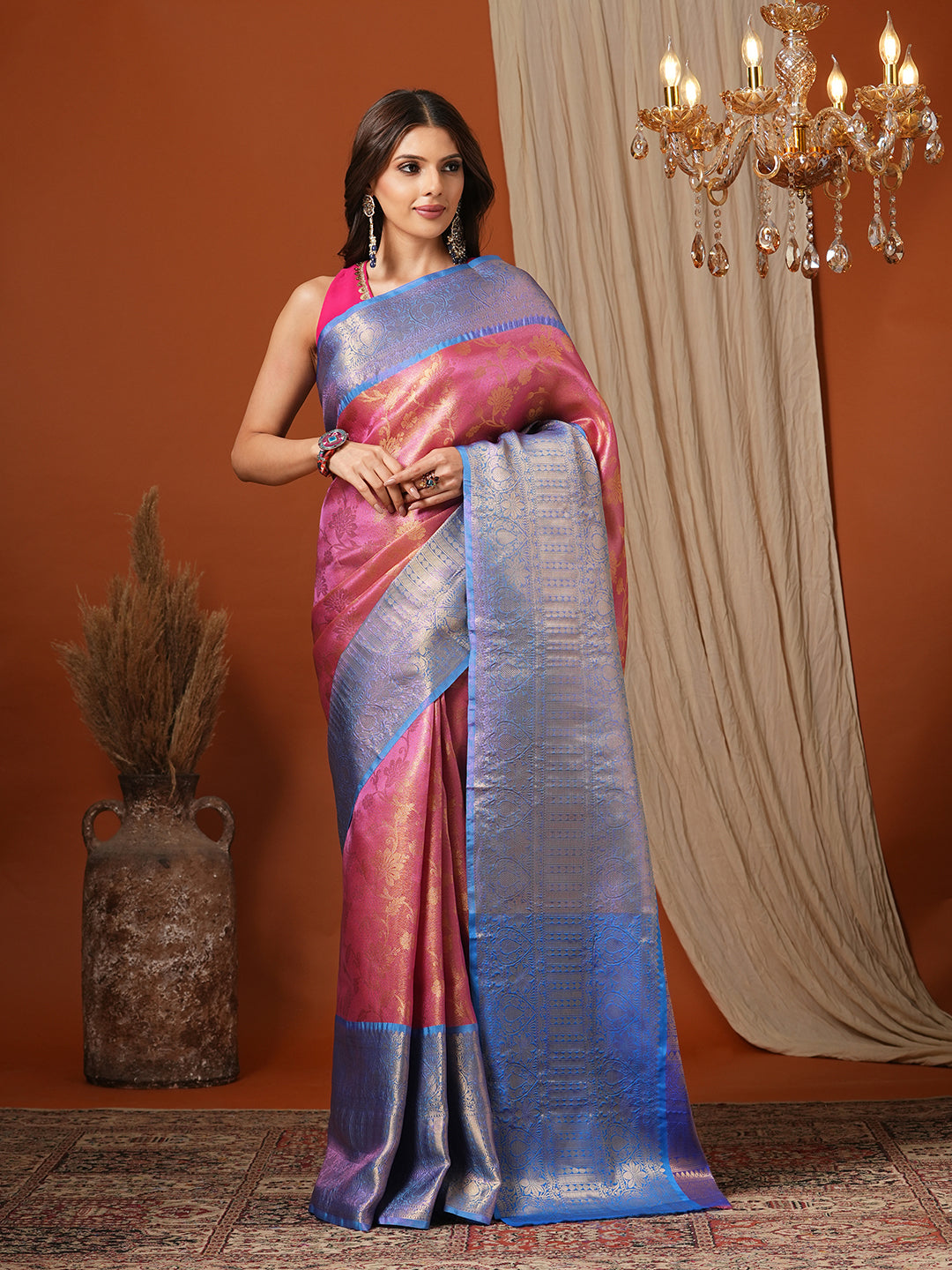 Women's Handloom Banarasi soft tissue Pink Saree With Blue Zari Border