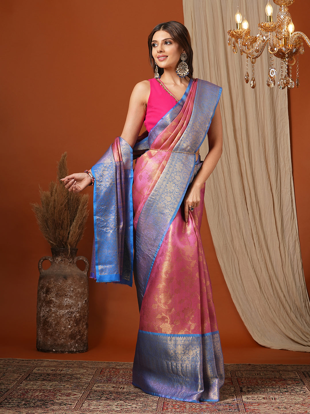 Women's Handloom Banarasi soft tissue Pink Saree With Blue Zari Border