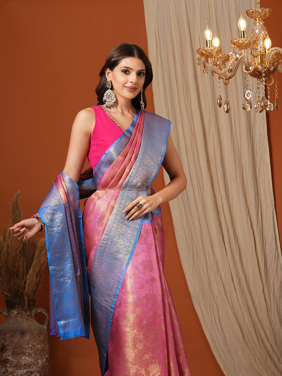 Women's Handloom Banarasi soft tissue Pink Saree With Blue Zari Border
