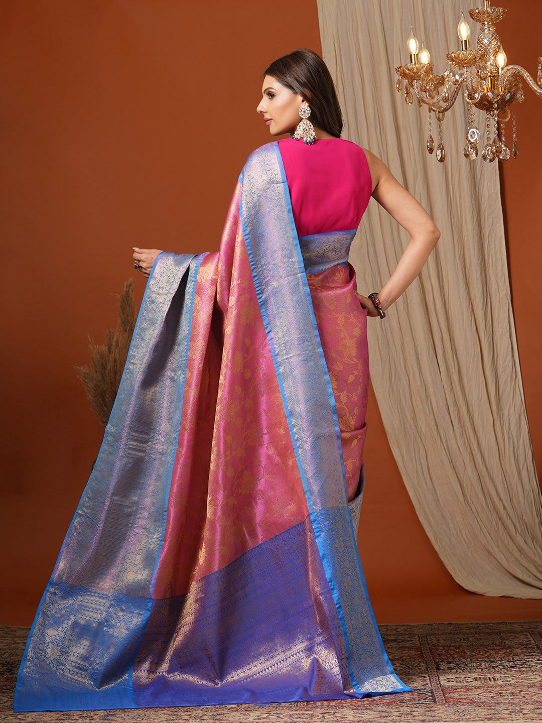 Women's Handloom Banarasi soft tissue Pink Saree With Blue Zari Border