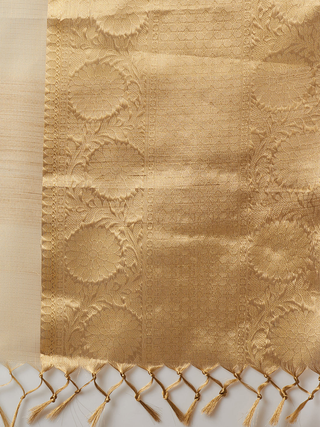 PAROKSH Women's Handloom Kora Tissue Organza Woven Golden Saree with Zari Pallu, Cotton Silk