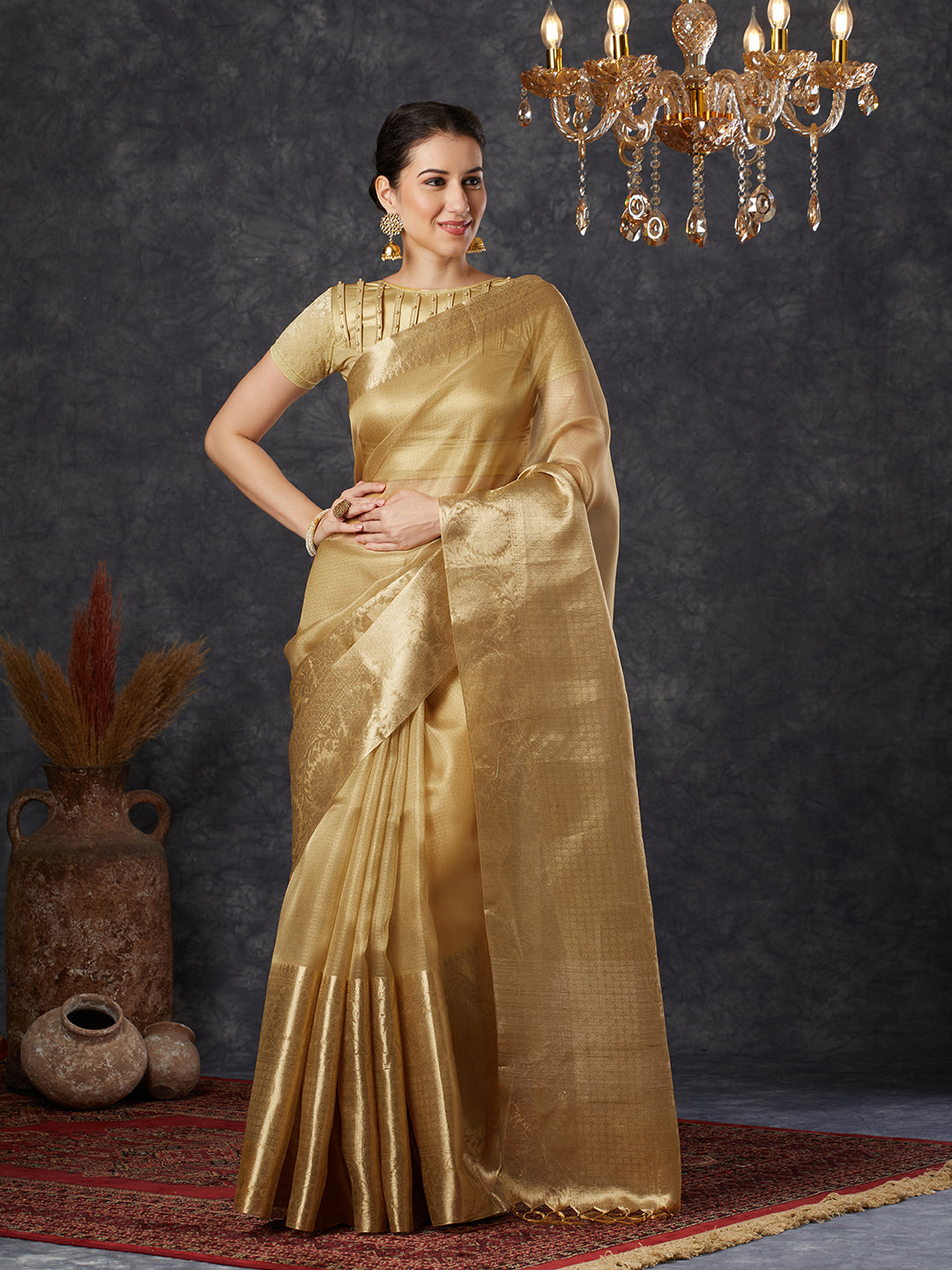 PAROKSH Women's Handloom Kora Tissue Organza Woven Golden Saree with Zari Pallu, Cotton Silk