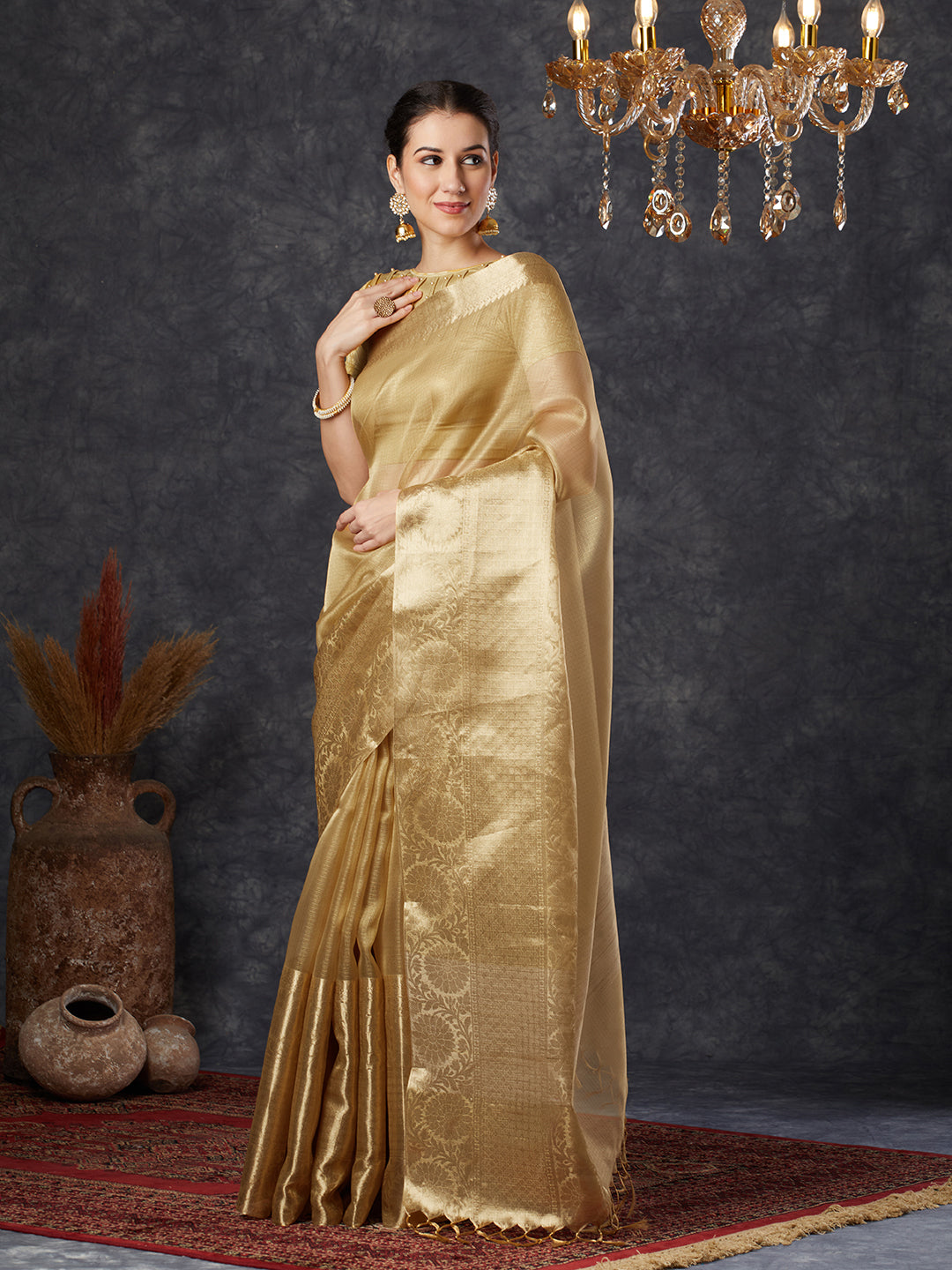 PAROKSH Women's Handloom Kora Tissue Organza Woven Golden Saree with Zari Pallu, Cotton Silk