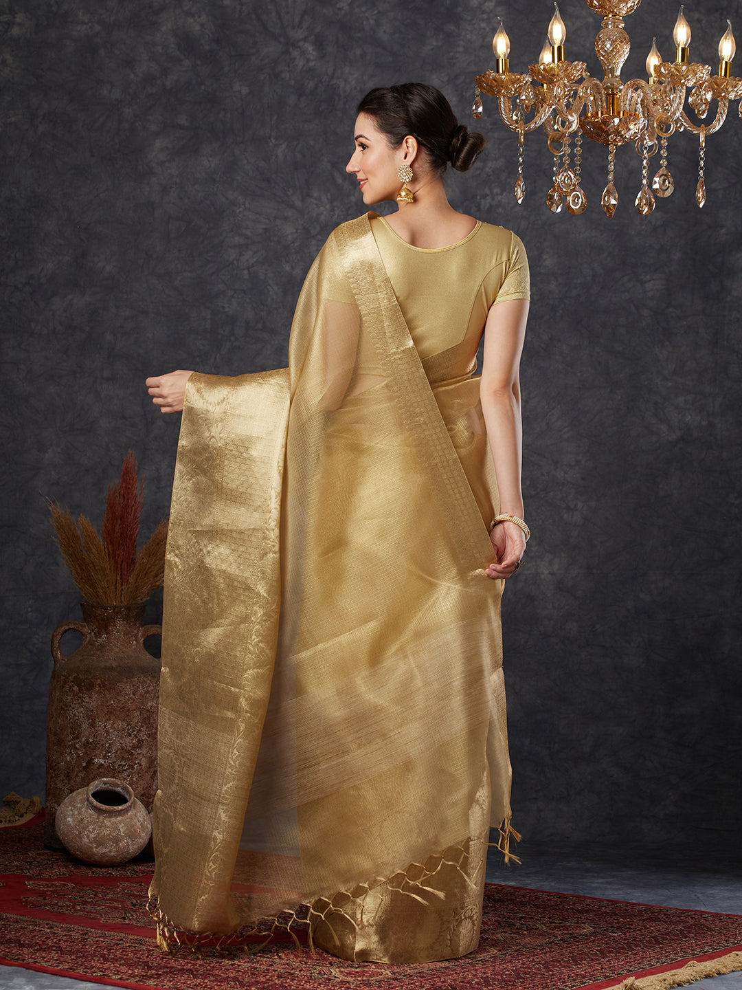 PAROKSH Women's Handloom Kora Tissue Organza Woven Golden Saree with Zari Pallu, Cotton Silk