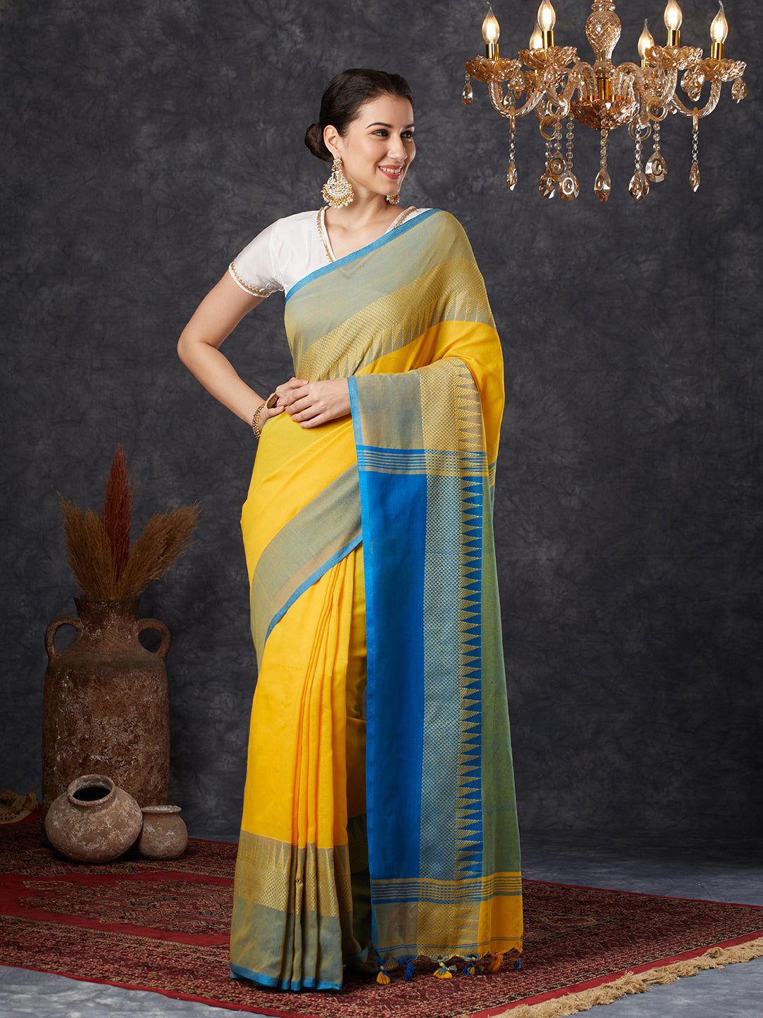 PAROKSH Women's Handloom Soft Cotton Yellow Saree With Temple design Blue Border