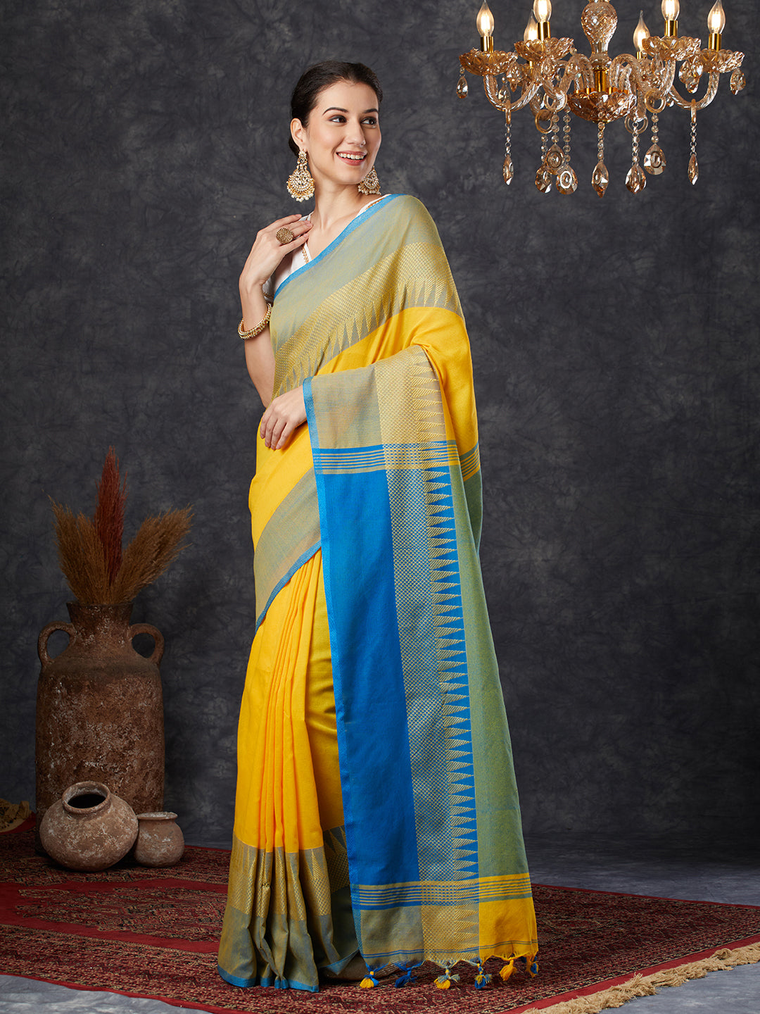 PAROKSH Women's Handloom Soft Cotton Yellow Saree With Temple design Blue Border