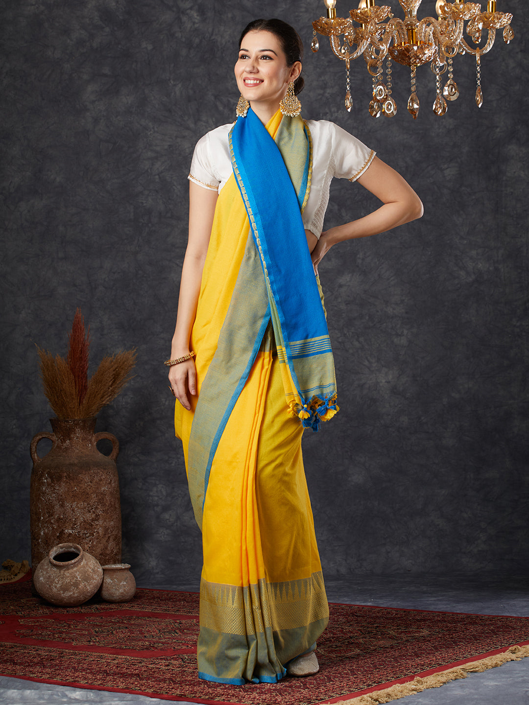 PAROKSH Women's Handloom Soft Cotton Yellow Saree With Temple design Blue Border