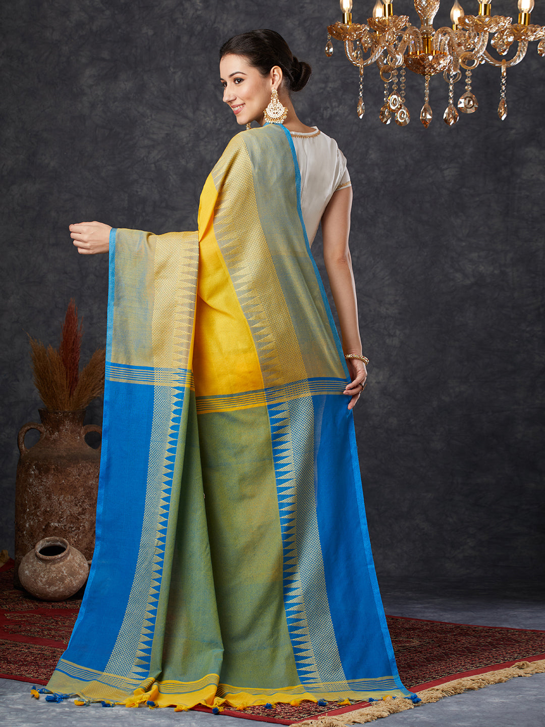 PAROKSH Women's Handloom Soft Cotton Yellow Saree With Temple design Blue Border