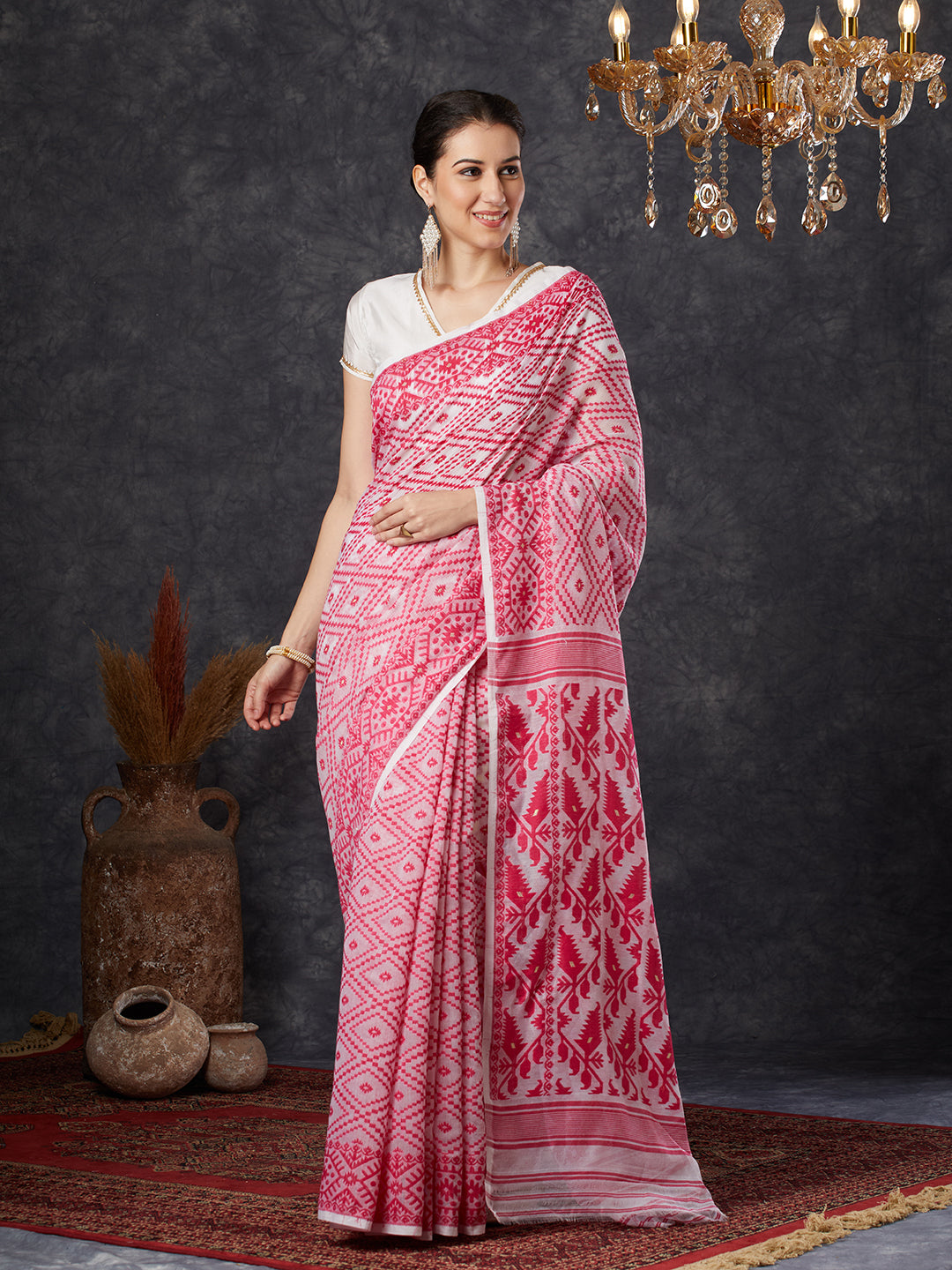 PAROKSH Women's Handloom Cotton Dhakai Jamdani pink Saree with geometric Border