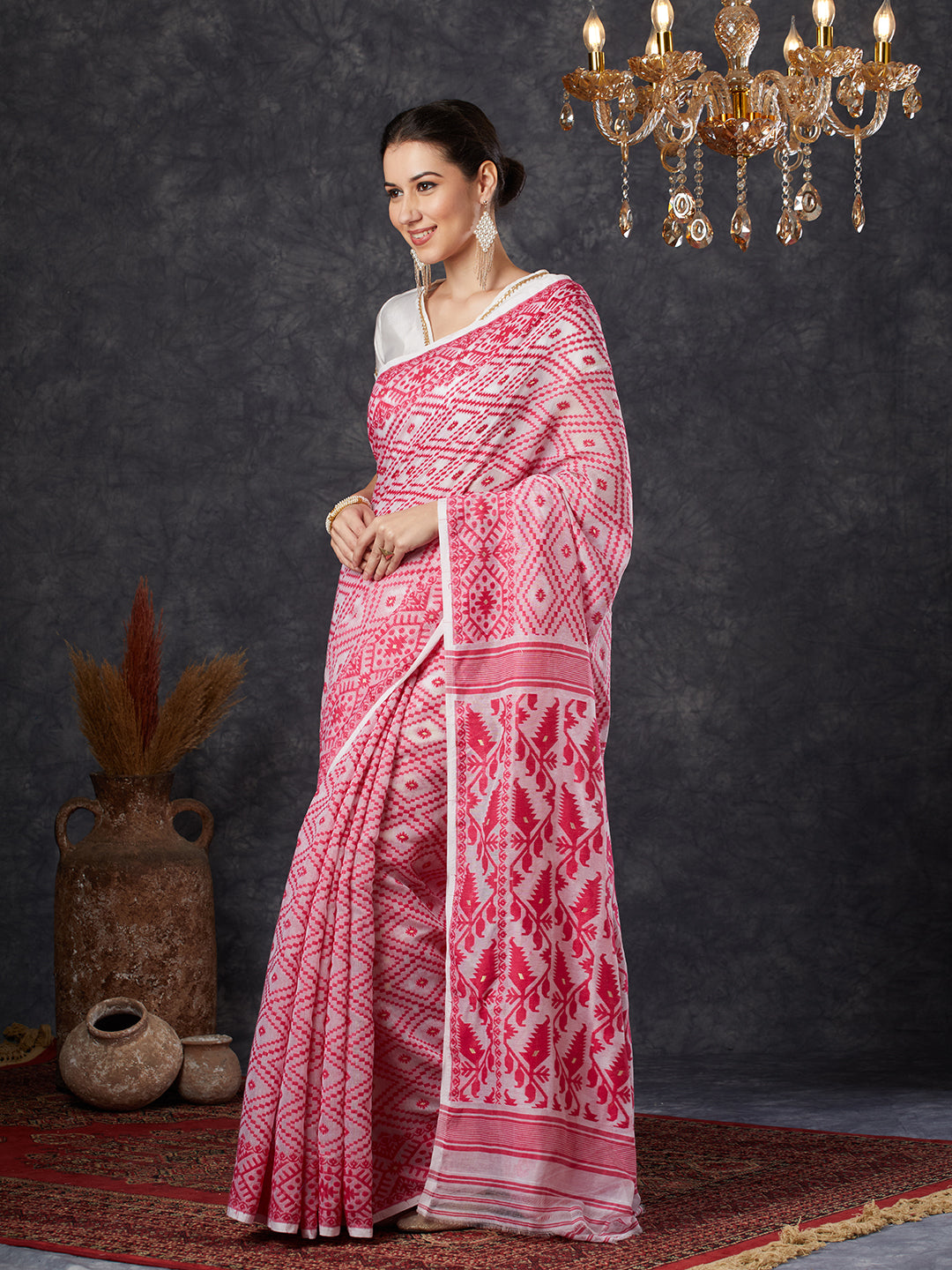 PAROKSH Women's Handloom Cotton Dhakai Jamdani pink Saree with geometric Border