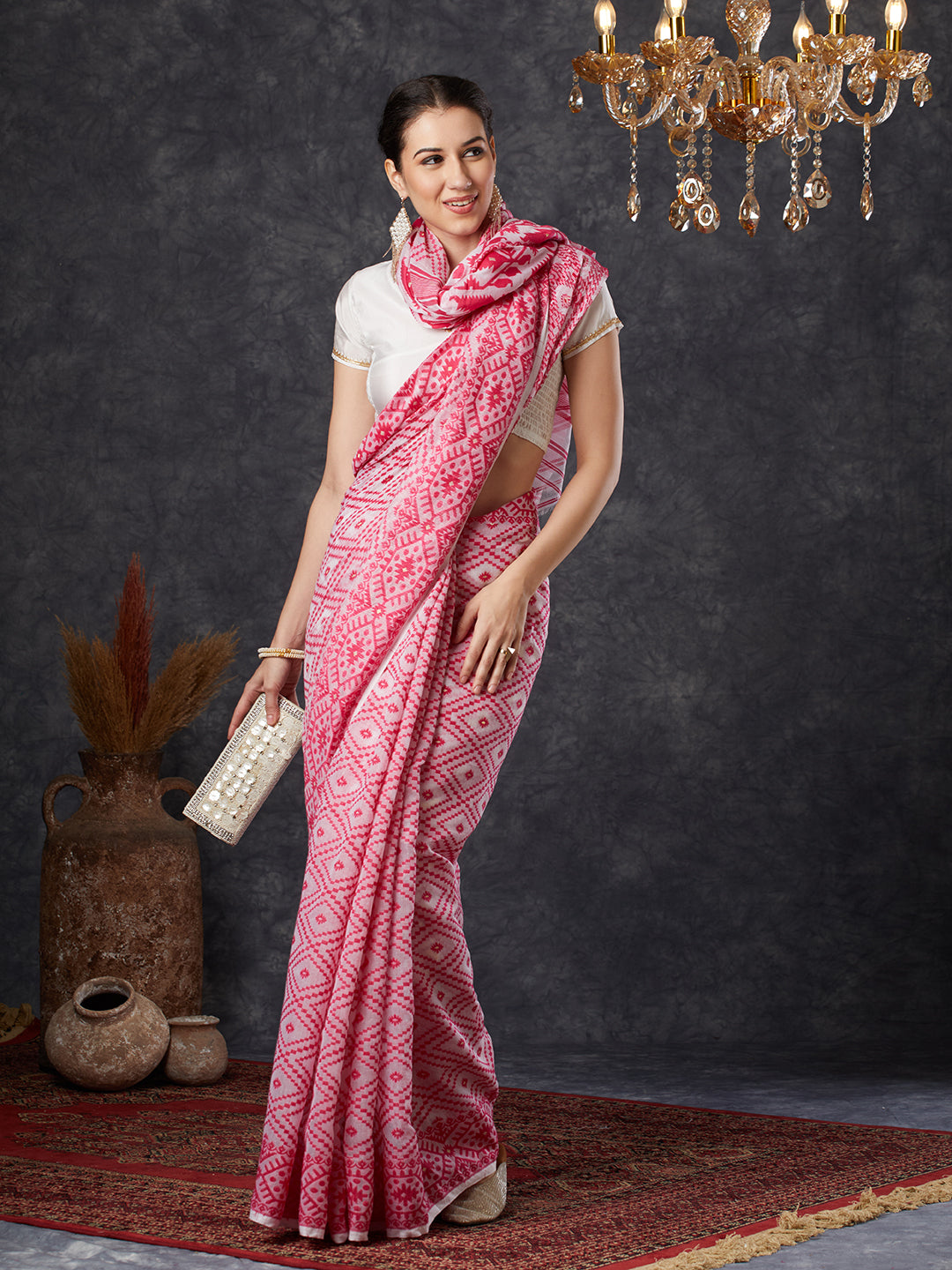 PAROKSH Women's Handloom Cotton Dhakai Jamdani pink Saree with geometric Border