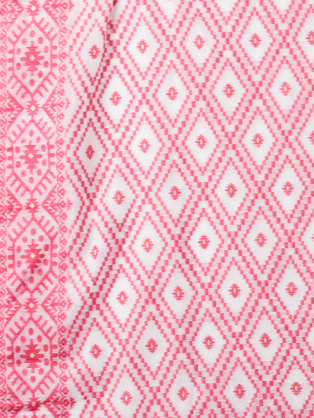 PAROKSH Women's Handloom Cotton Dhakai Jamdani pink Saree with geometric Border