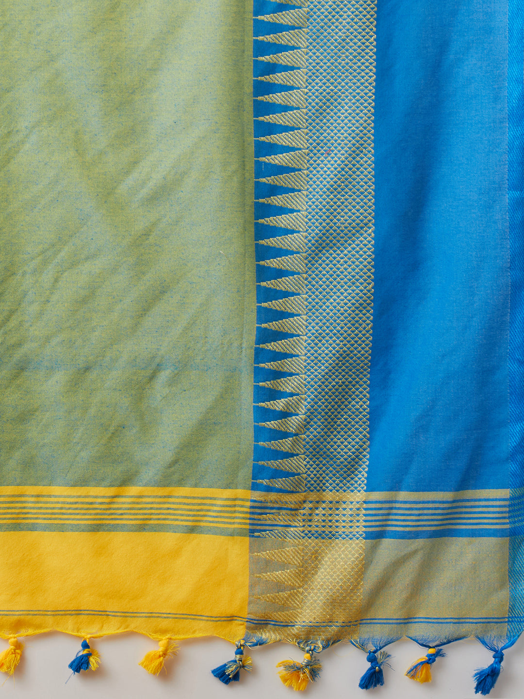 PAROKSH Women's Handloom Soft Cotton Yellow Saree With Temple design Blue Border