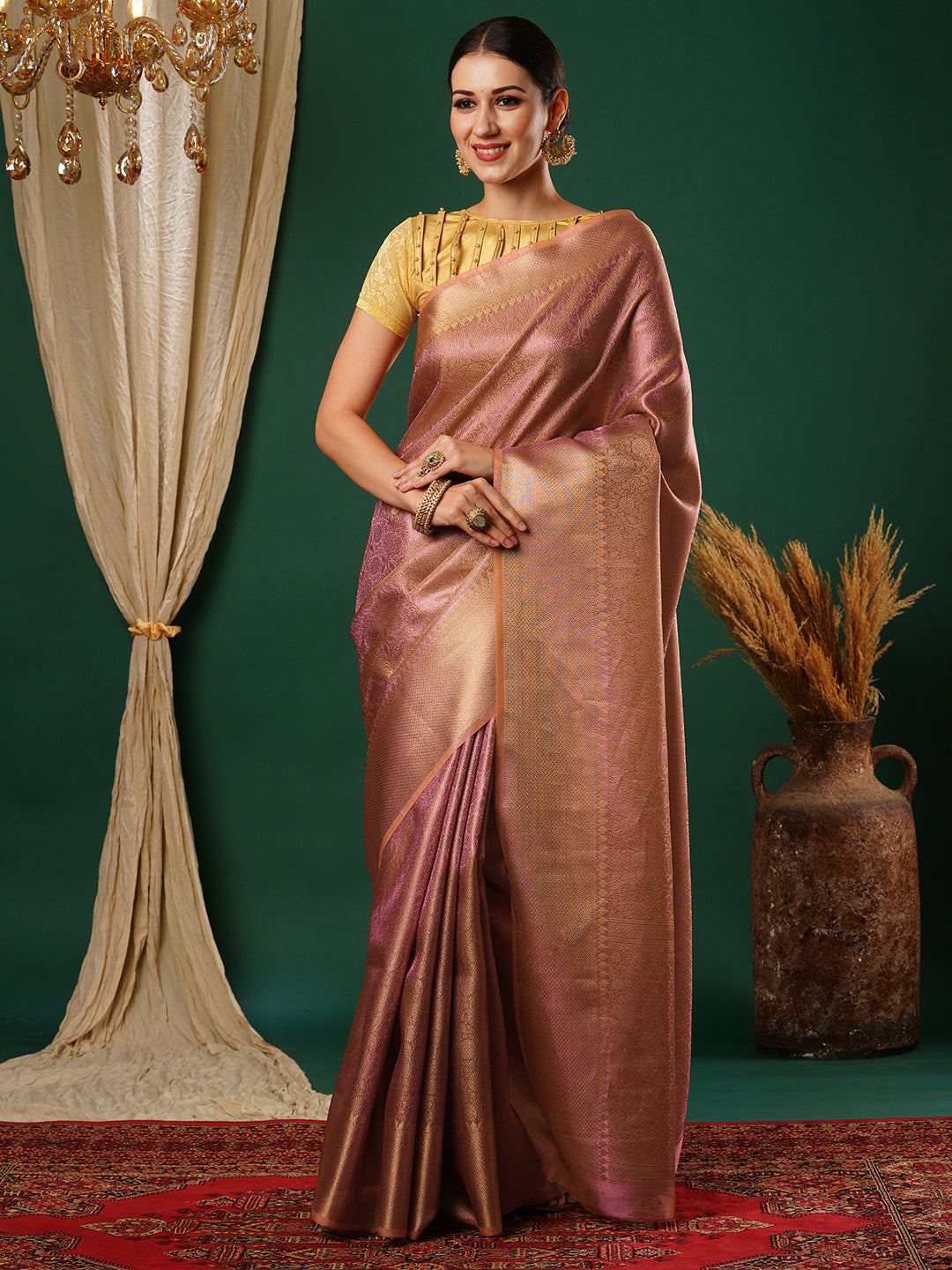 Women's Handloom pink floral banarasi tissue saree with Zari Border