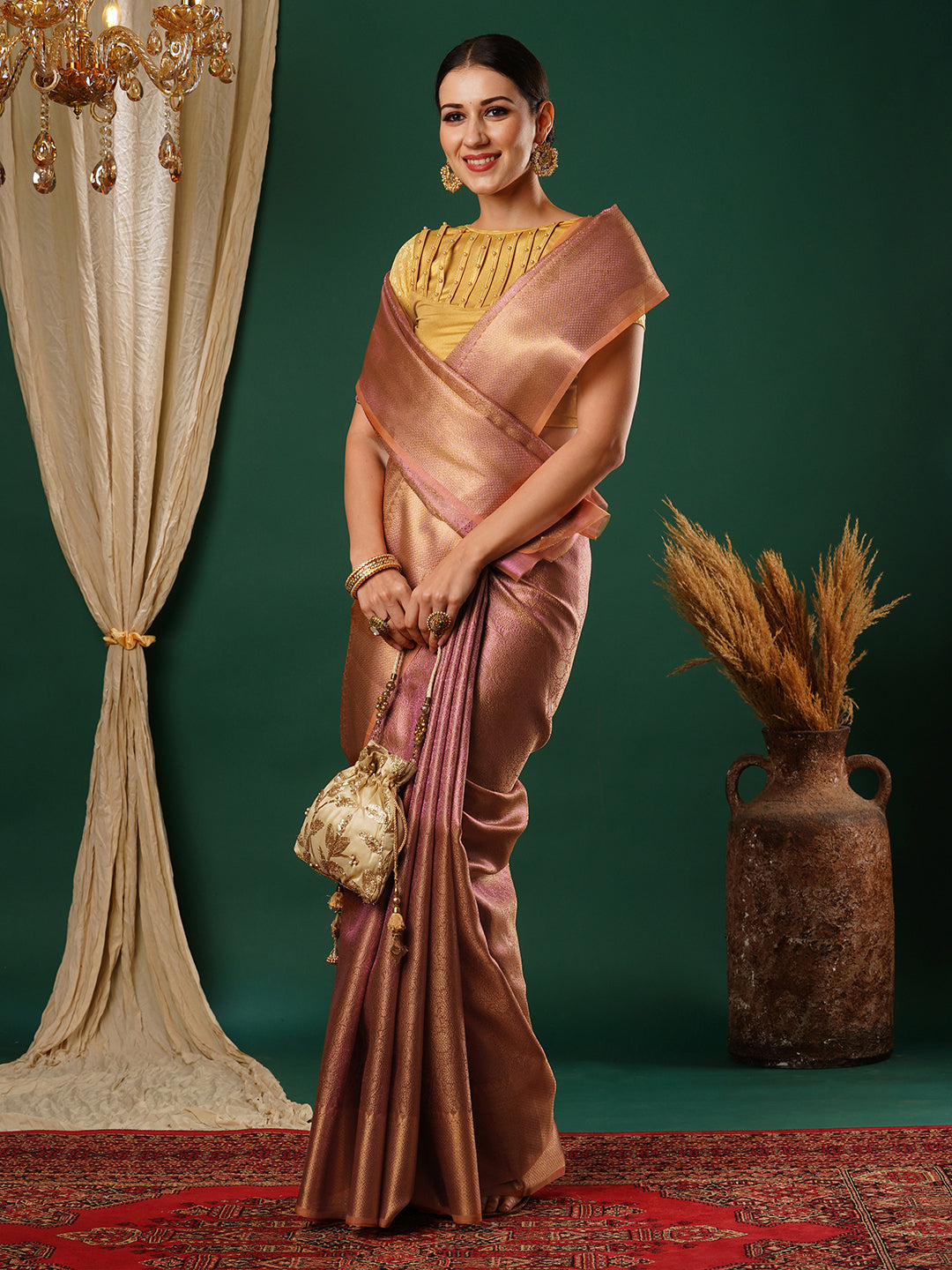 Women's Handloom pink floral banarasi tissue saree with Zari Border
