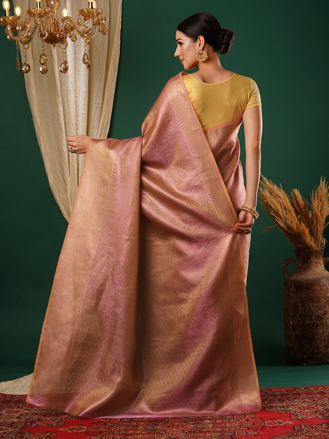 Women's Handloom pink floral banarasi tissue saree with Zari Border